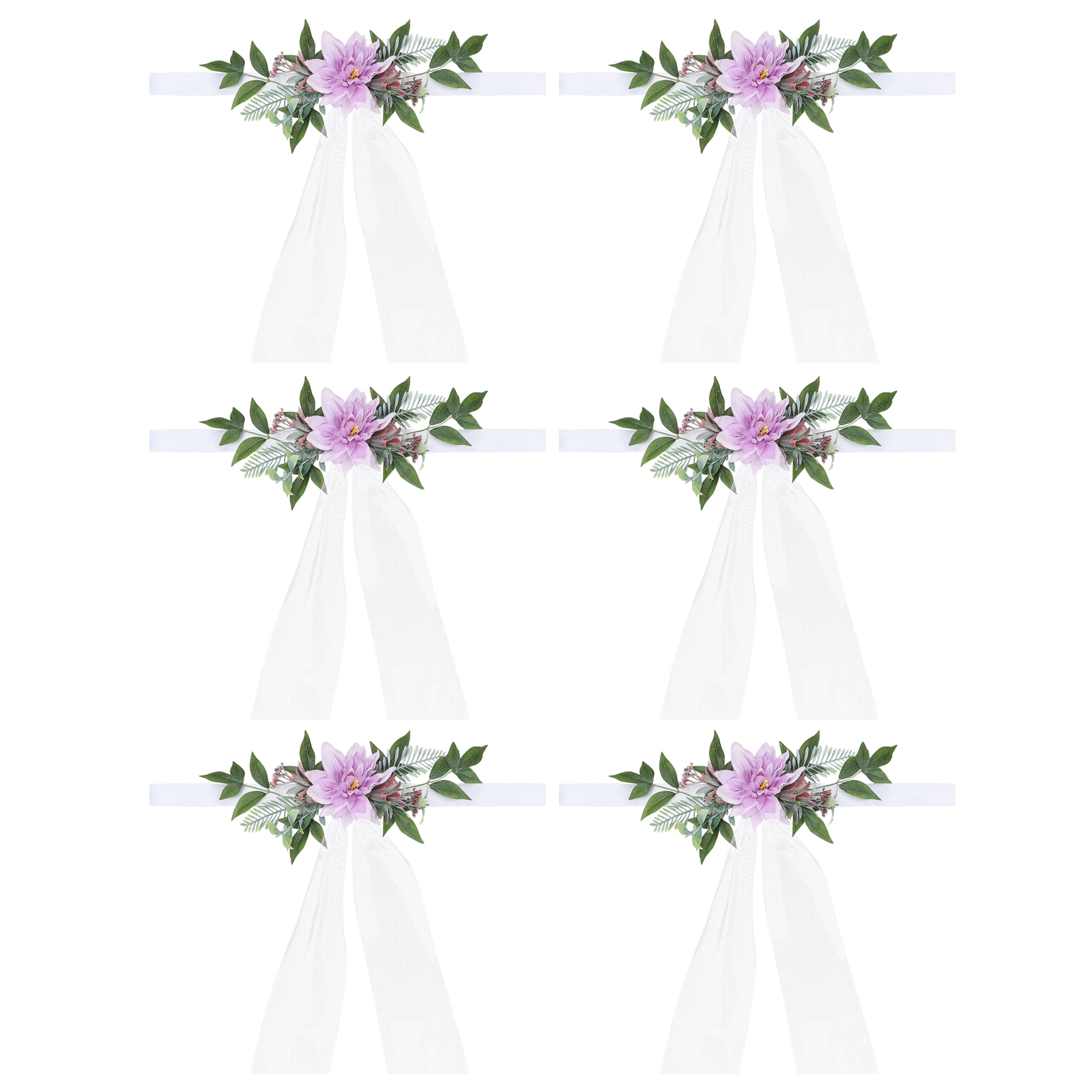 Set Mit 6 Stuhldekorationen Für Die Hochzeit Mit Lila Künstlichen Blumen Für Den Mittelgang. Blumen- Und Blattmotive.