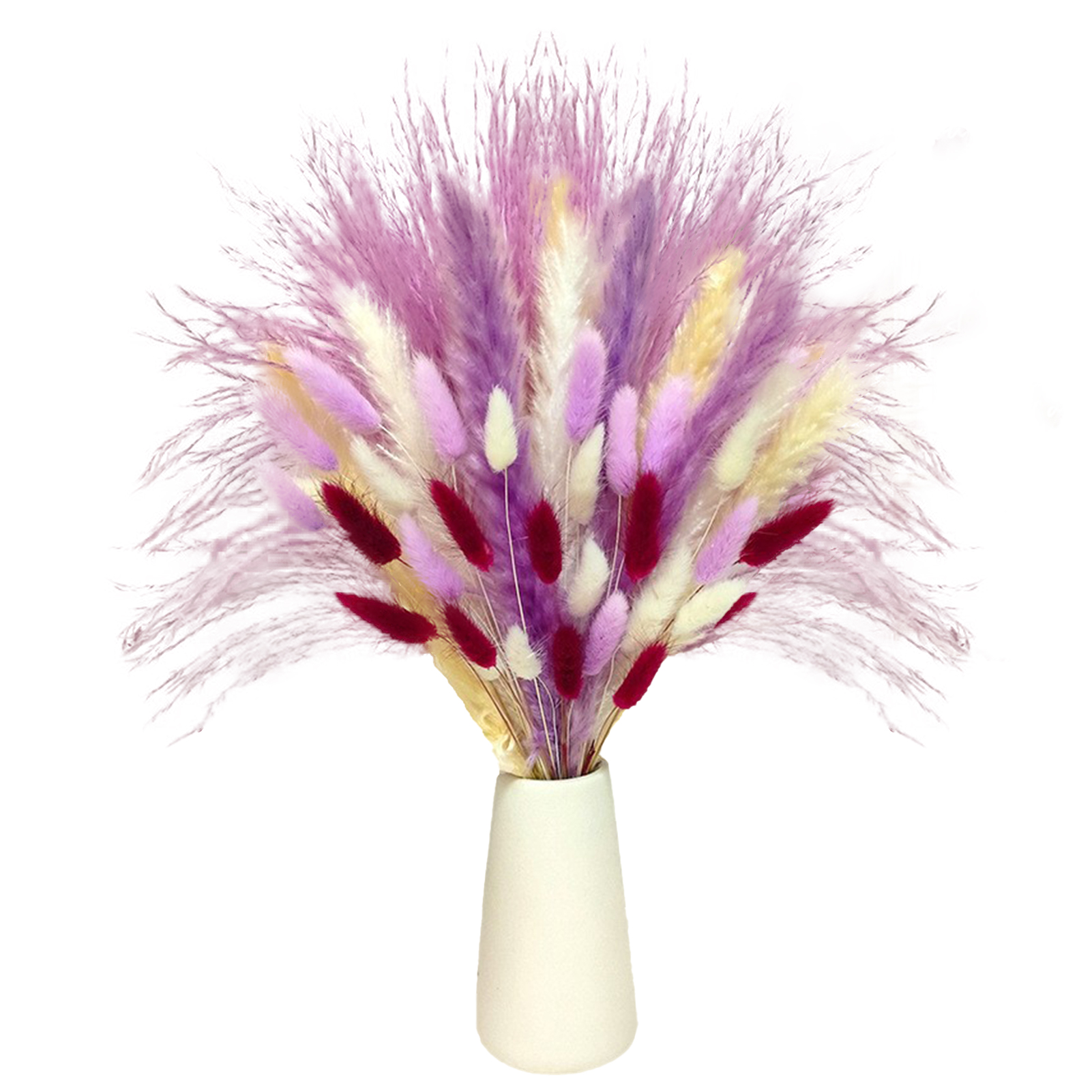 【ch-153 [lila] Mit Lederbox】trockenblumenstrauß Aus Schilf Und Kaninchenschwanzgras, Echte Trockenblumen, Heimdekoration, Vase, Blumenarrangement, Wohnzimmerdekoration, Trockenblumenstrauß, Hochwertig