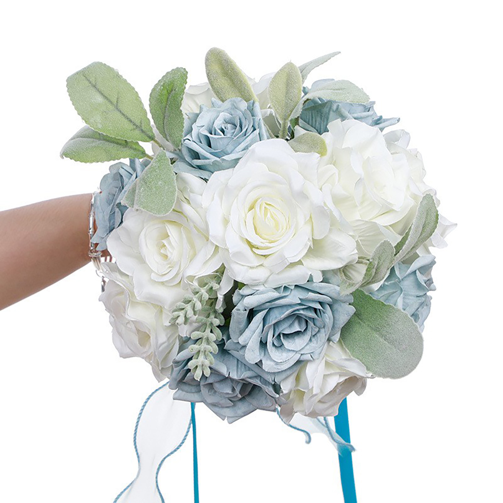 (141-blanc + Bleu Clair) Bouquet De Artificielles Blanc Ivoire Pour La Mariée, Bouquet De Mariage Aux Tons Clairs