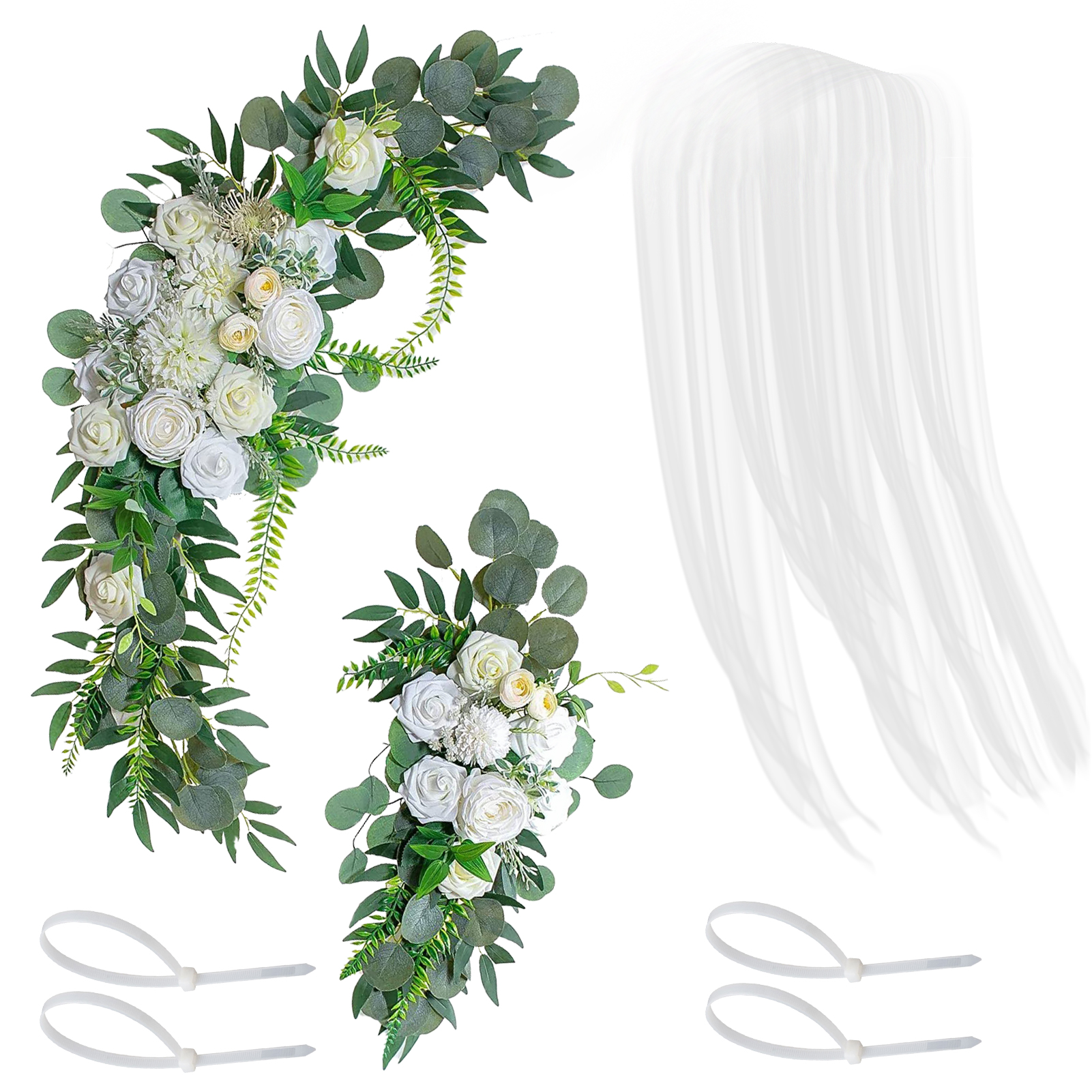 Hochzeitsbogen Mit Pfingstrosengirlande (2er-set), Durchsichtigem Weißen Vorhang, Künstlichen Rosen, Blumenarrangement Für Hochzeitsbogen Und Zeremoniendekoration.