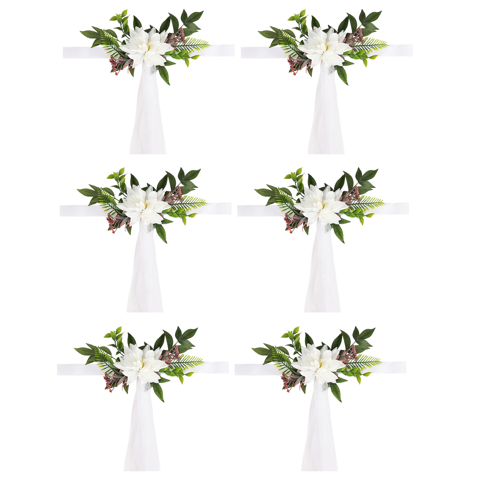 Set Mit 6 Stuhldekorationen Mit Weißen Kunstblumen Für Den Brautgang. Blumen- Und Blattmotive.