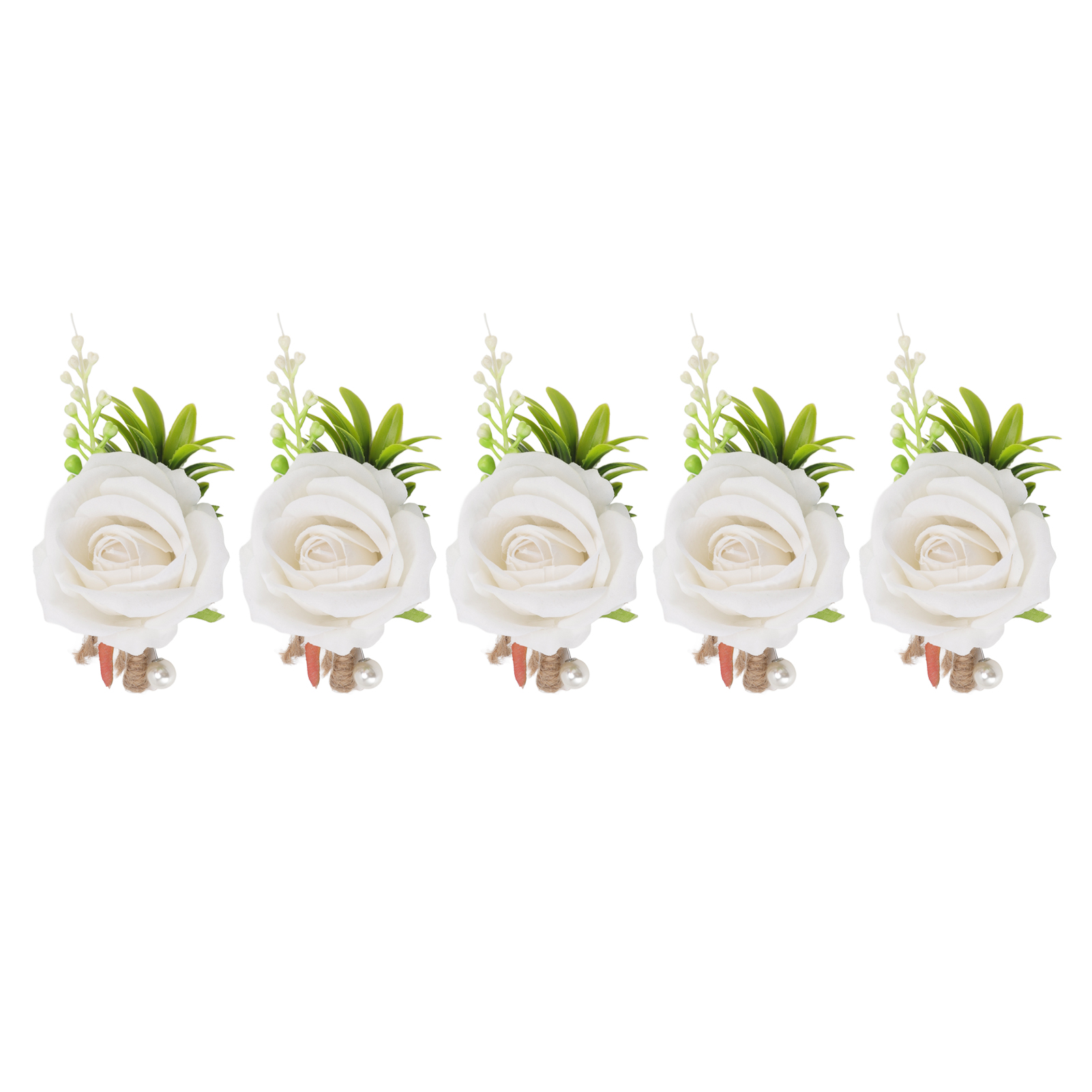 Set Mit 5 Weißen Kunststoff-ansteckblumen Mit Sicherheitsnadeln Für Braut Und Bräutigam. Künstliche Blumen.
