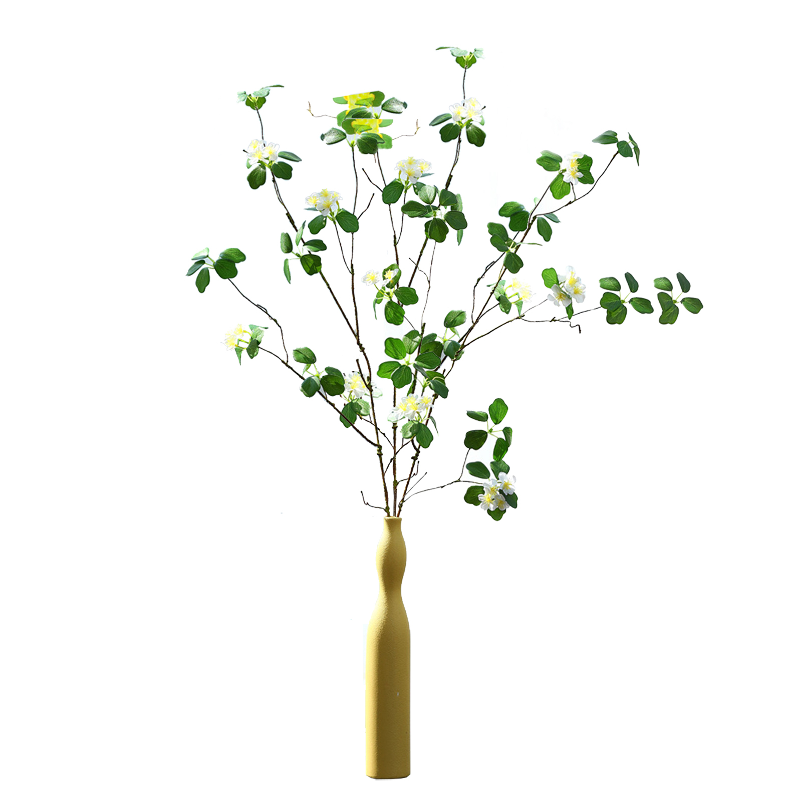 Set Aus 3 Weißen Künstlichen Zweigen Mit Blüten, Stielen Und Grünen Zweigen Für Hochzeiten Und Partys.