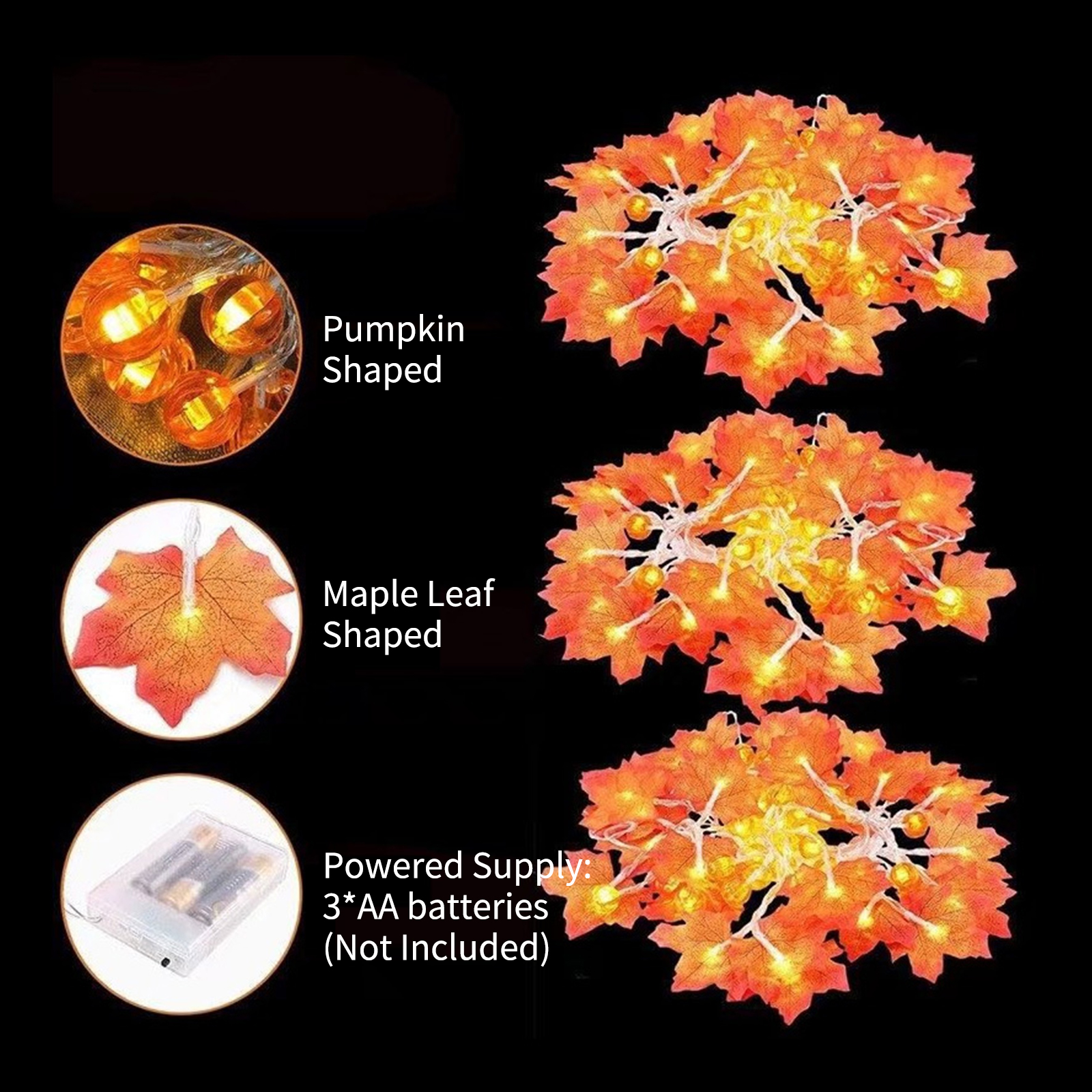 6 Meter Lange Halloween-lichterkette Mit 40 Leds In Form Eines Kürbisses Und Eines Ahornblatts, Dekorativ, Zum Aufhängen, Warmweiß, Wasserdicht, Batteriebetrieben.