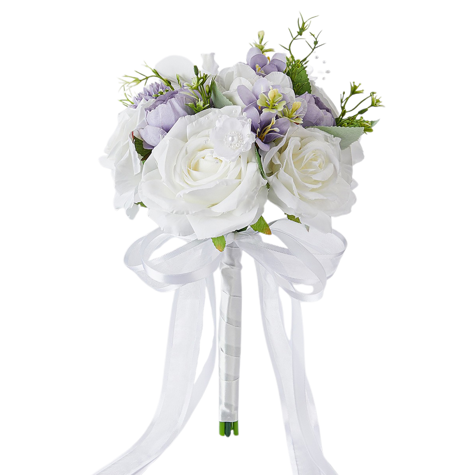 Romantischer Brautstrauß Aus Französischen Seidenrosen, Bestehend Aus Dreifarbigen Lila Und Weißen Rosen.