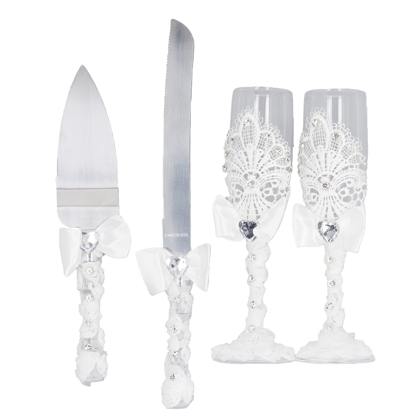 Kuchenservice Mit Champagnergläsern, Tortenheber Und Ausziehbarem Tortenheber, Weiß, Ideal Für Eine Hochzeit Oder Einen Geburtstag.