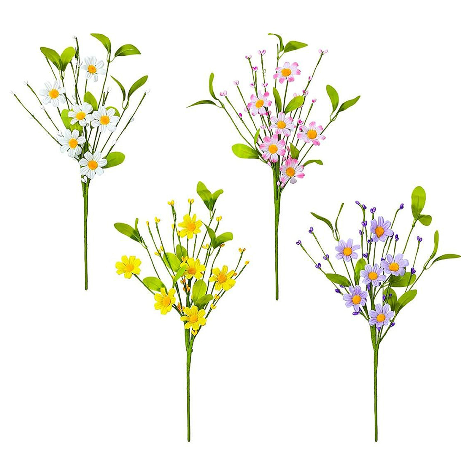[je Ein Strauß In Weiß, Rosa, Gelb Und Helllila] Set Aus 4 Künstlichen Grünpflanzen, Gänseblümchen, Wildblumen, Ausschnitten Und Ornamenten Für Den Frühling, Geeignet Für Ostern, Mit Beeren, Stängeln