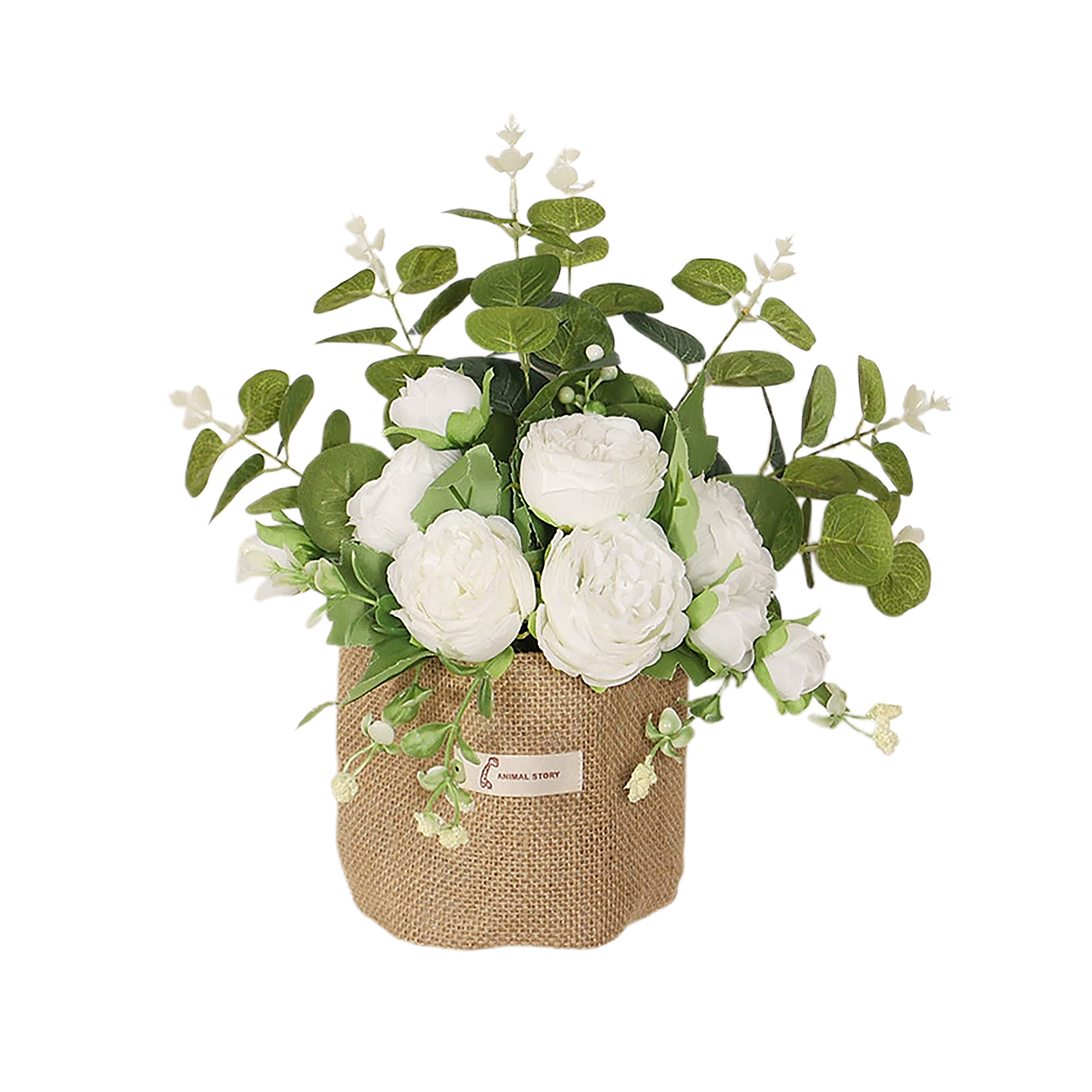[weißer Leinen-wandbehang Mit Pfingstrosen Und Eukalyptus] Hängender Leinenbeutel Mit Künstlichen Pfingstrosen Und Rosen, Ideal Für Hochzeiten Und Als Blumendekoration Für Zuhause. Künstliches Blumena