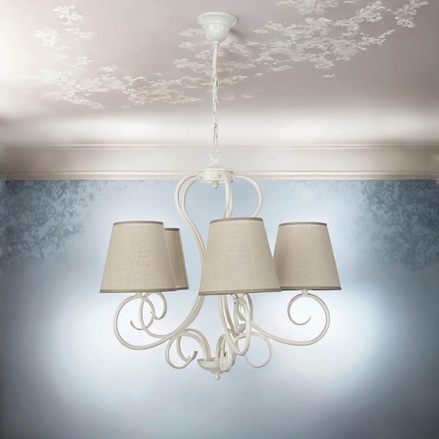 Kronleuchter Mit Schirm Landhaus Stil 5-armig Beige Weiß Wohnzimmer