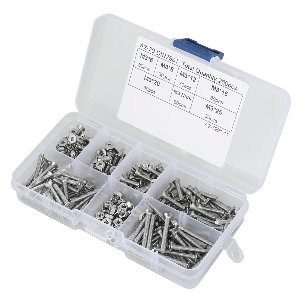260-teiliges Set Aus M3-flachkopfschrauben Und -muttern Aus Edelstahl 304 Mit Innensechskant, Befestigungselemente Für Industrie Und Wissenschaft
