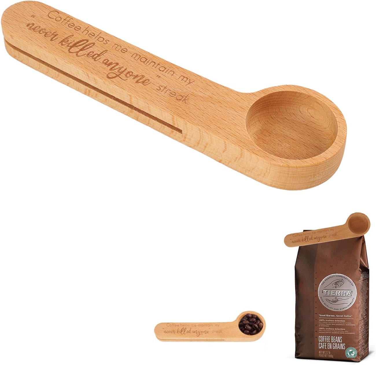 2-in-1-messlöffel Aus Massivem Buchenholz Mit Integriertem Beutelclip – Messlöffel (1 Esslöffel) Für Gemahlenen Kaffee, Kaffeebohnen, Tee Und Gewürze – Hält Ihren Kaffee Mit Diesem Produkt Frisch