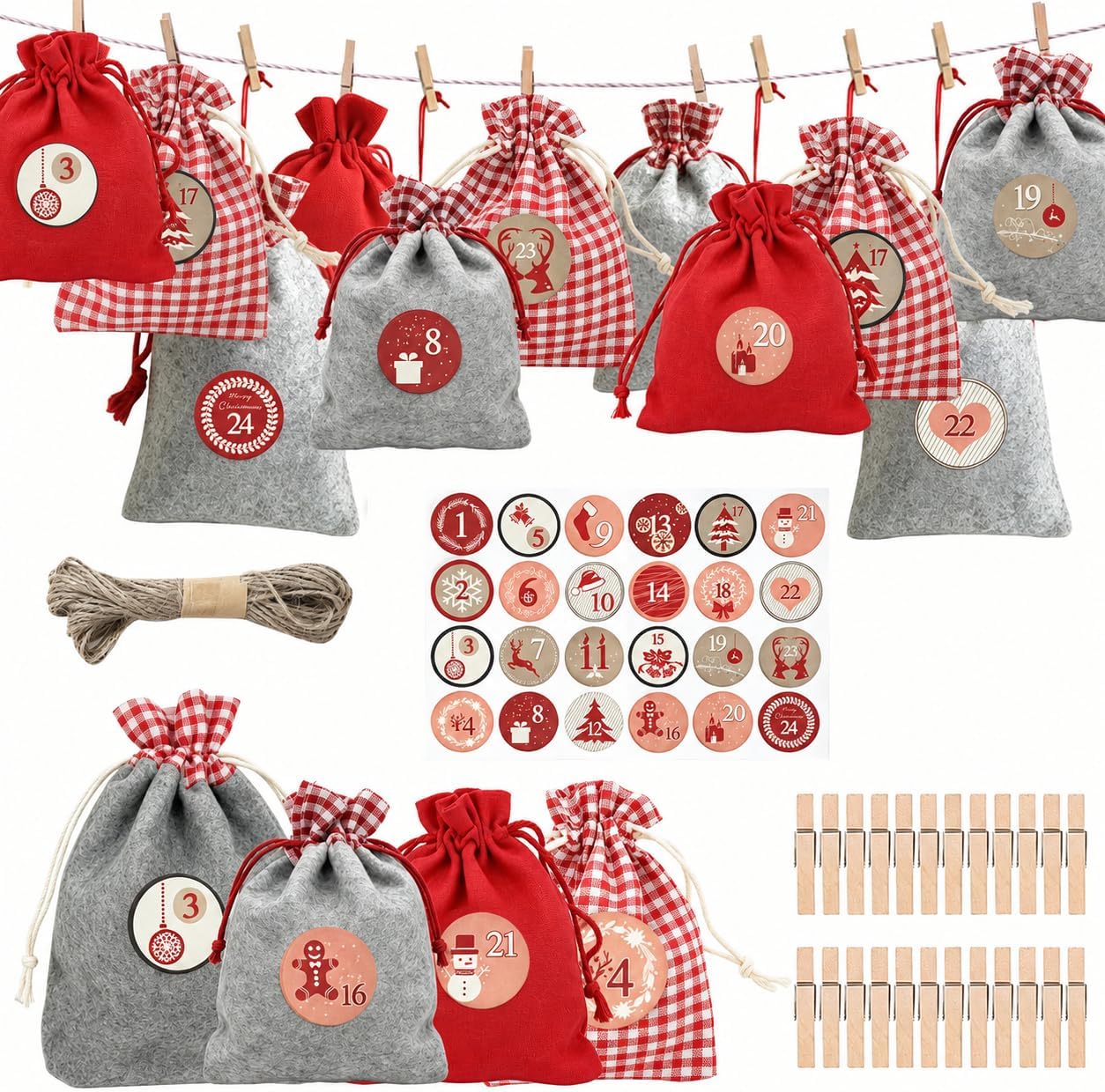 Befüllbarer Adventskalender – 24 Baumwollbeutel Mit Clips