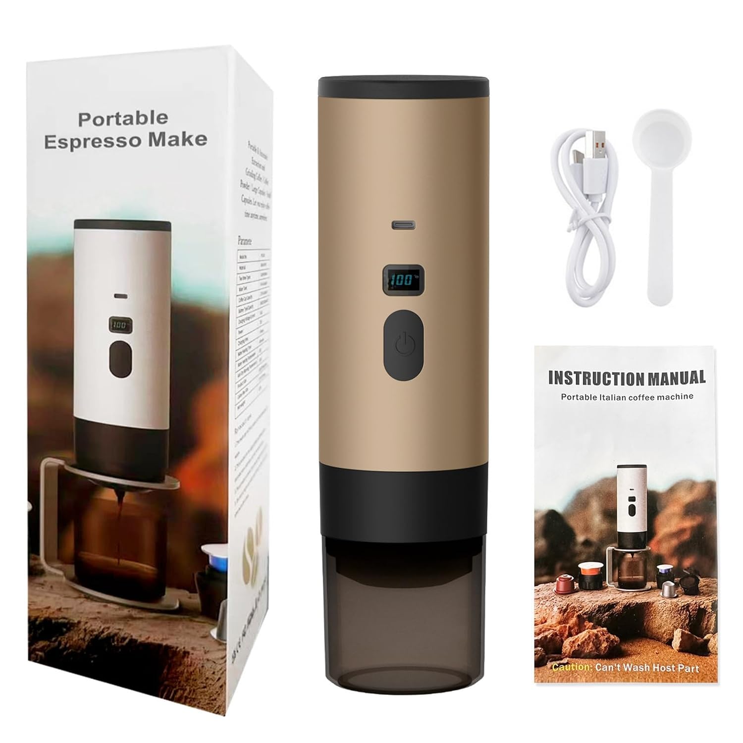 Tragbare, Wiederbefüllbare Kaffeemaschine, Reisekaffeemaschine, Kompatibel Mit Kapseln Und Gemahlenem Kaffee, Mit Becher Für Pendler, Champagnerfarben, Mini