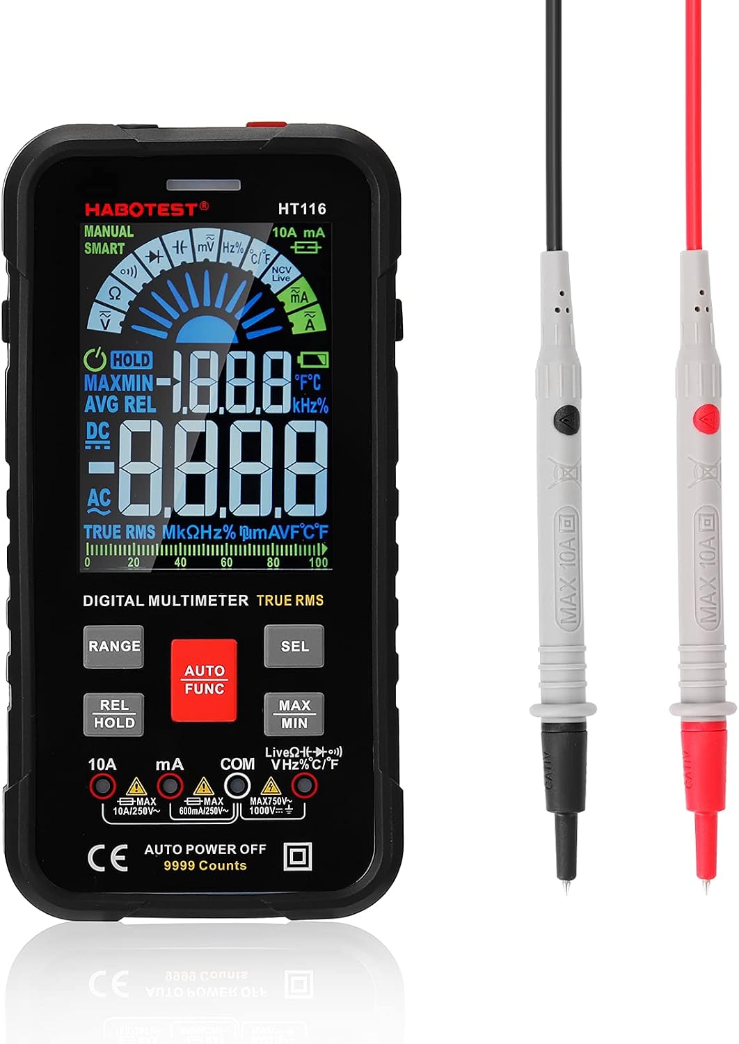 Ht116 Va Smart Tragbares Multimeter Mit Großem 9999-stelligem Farbdisplay, Taschenlampenfunktion, True Rms Ncv, Gleichstrom, Wechselspannung, Widerstand, Strom Und Kapazität