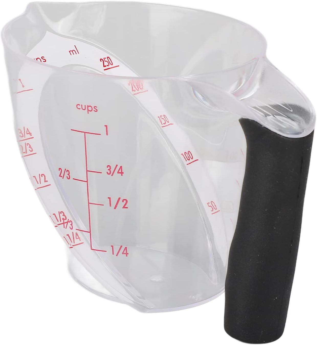 Abgewinkelter Messbecher Aus Kunststoff Mit Wärmeisolierendem Griff Aus Tpr, Transparent, 250 Ml Für Getränke Und Zum Kochen
