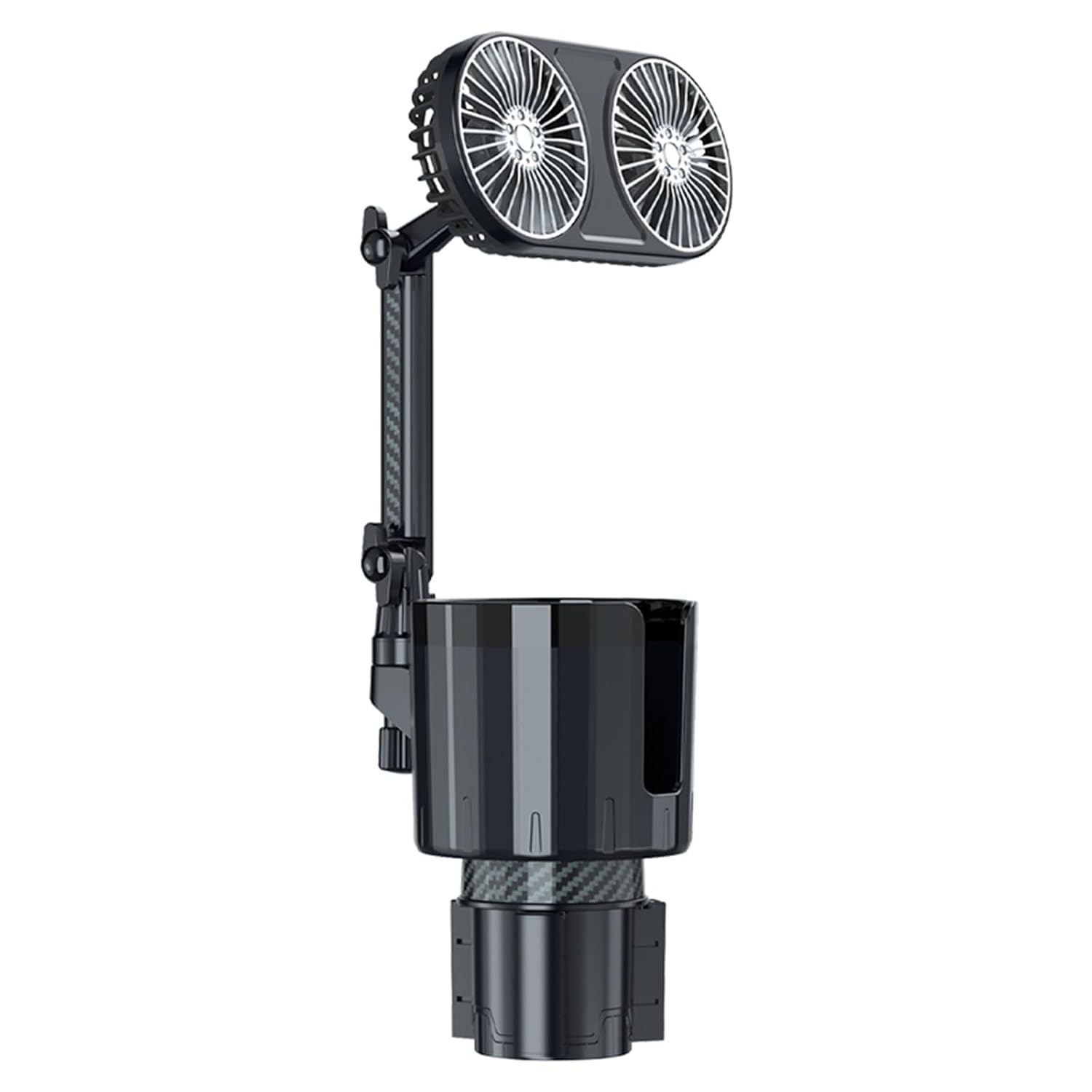 Universal-autoventilator Mit Zwei Köpfen Für Getränkehalter (12 V/24 V), 3 Windgeschwindigkeiten, 360° Drehbare, Farbige Ambientebeleuchtung, Usb-ladefunktion