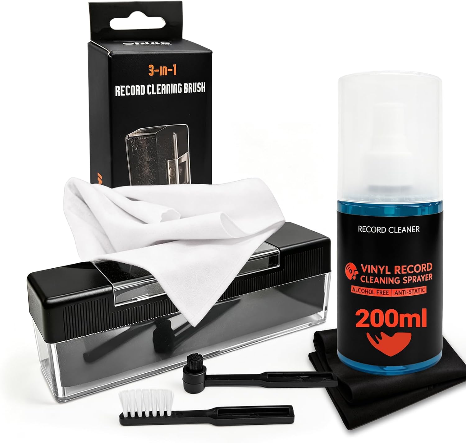 Vinyl-reinigungsset, 5-in-1-vinylpflegeset, 200 Ml Alkoholfreies Antistatisches Spray, Samtbürste, Nadelbürste, Mikrofasertuch, Staubpinsel, Kratzfest Für Schallplatten