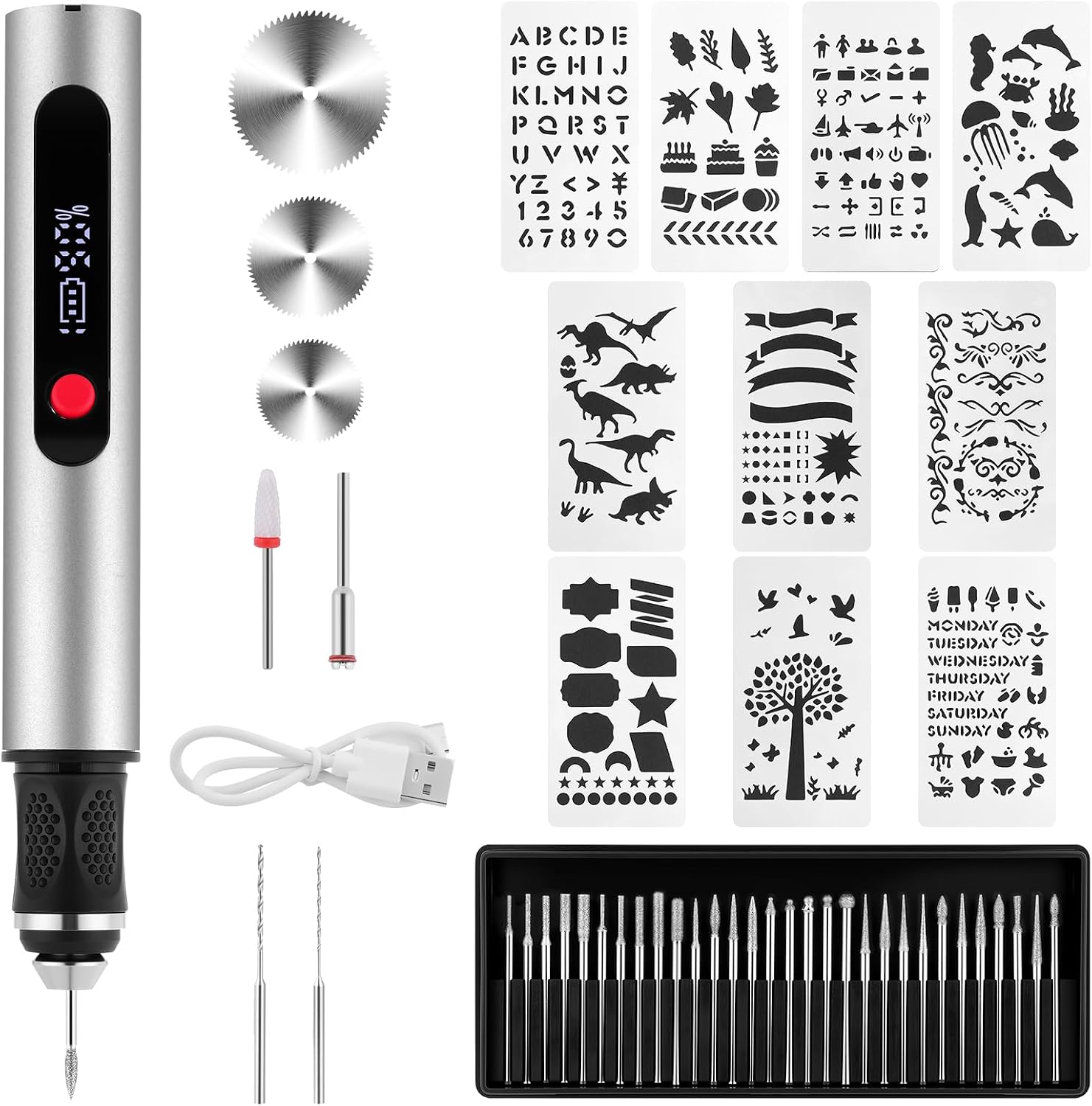 Elektrischer Gravierstift, Usb-aufladbar, Kabellos, 30 Bits, 10 Schablonen Und 3 Sägeblätter, Drei Geschwindigkeitsstufen, Tragbarer Holzgravierstift, Für Glas Und Kunststoff