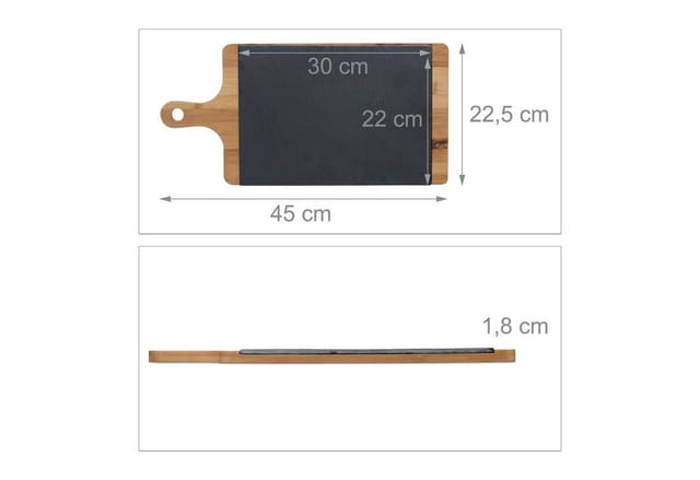 Relaxdays Servierbrett, Bambus, Schiefer Platte, Schneidebrett, Griff, Rustikal, H X B X T: 1,8 X 45 X 22,5 Cm, Grau