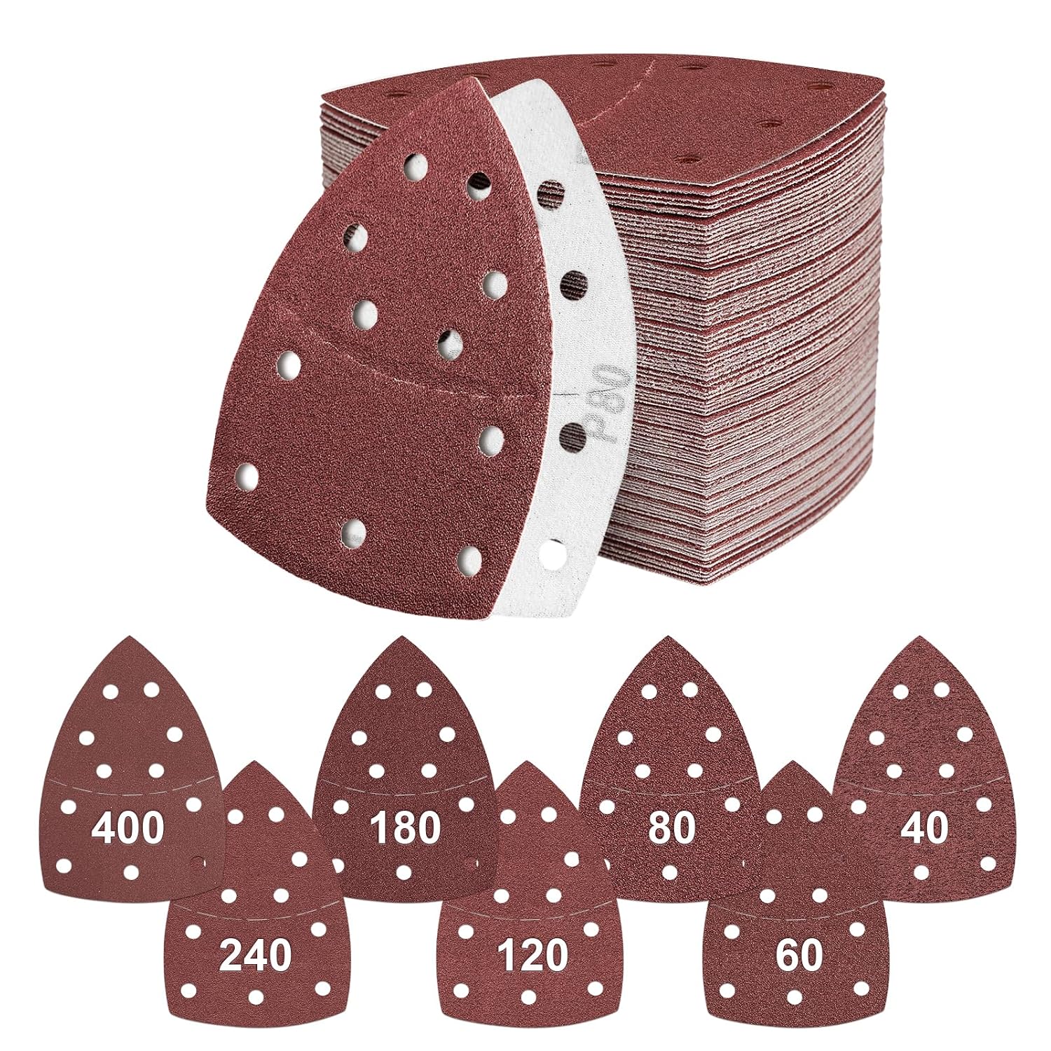 100 Schleifscheiben Für Winkelschleifer, 11 Löcher Für Dreieckschleifer, Körnung 40/60/80/120/180/240/400, 105 X 152 Mm, Klettverschluss, Kompatibel Mit Bosch, Dewalt Und Delta.