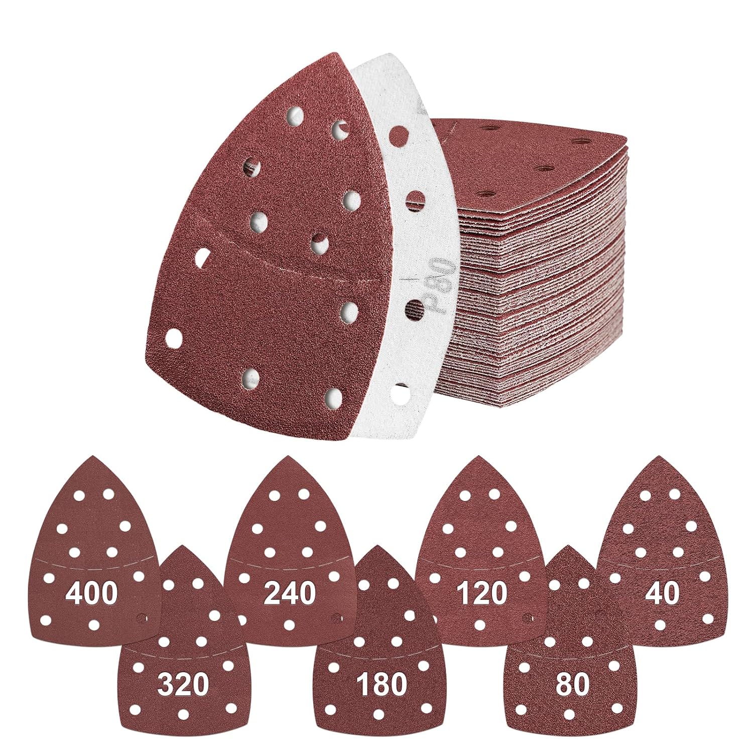 63-teiliges Schleifpapier-set Für Schleifmaschinen, 11 Löcher Für Dreieckschleifer, Körnung 40/80/120/180/240/320/400, 105 X 152 Mm, Klettverschluss, Kompatibel Mit Bosch, Dewalt Und Delta.