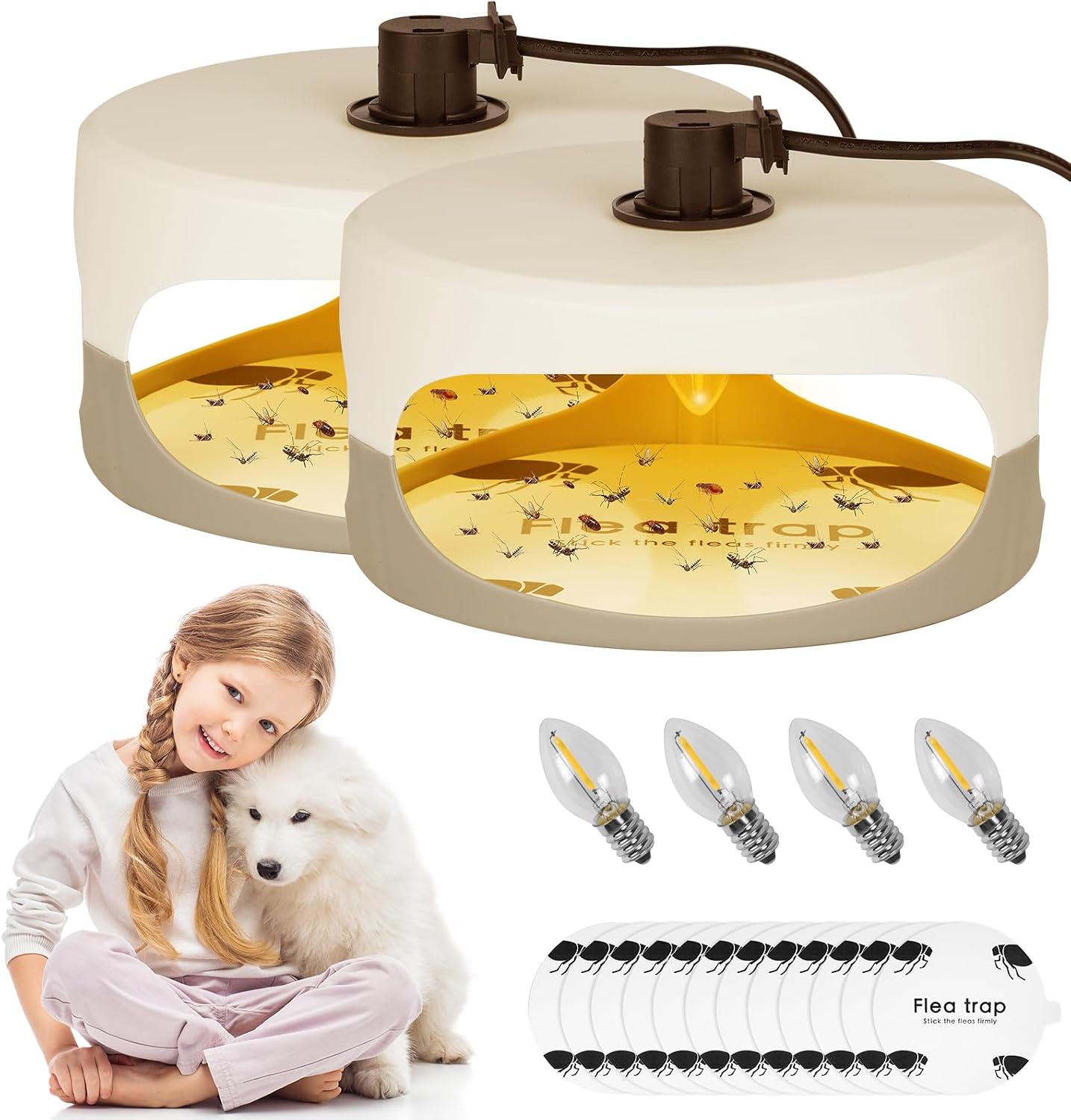 Flohfalle, 2er-pack Flohfalle, Flohfalle Für Zuhause, Flohfallenlampe Mit 4 Glühbirnen Und 12 Klebescheiben, Geruchlos, Natürlich