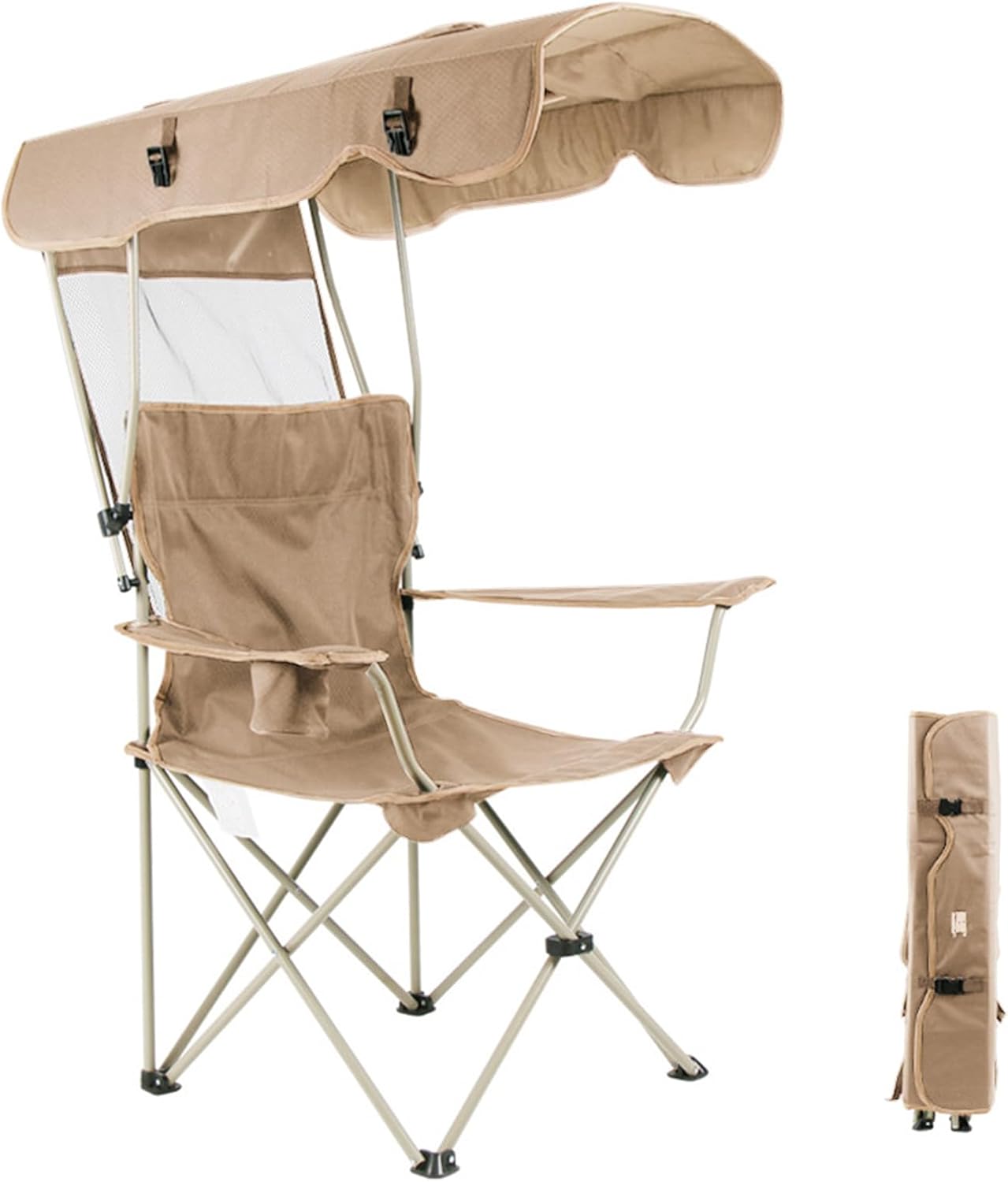 Tragbarer Klappstuhl Mit Einziehbarem Sonnendach, Ideal Für Strand, Camping, Garten, Terrasse, Angeln Und Mehr. Robustes Gestell Aus Verstärktem Rindsleder, Mit Getränkehalter.