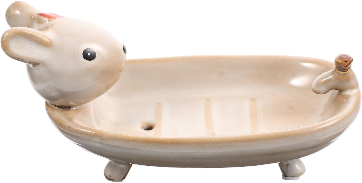 Beige Seifenschale Aus Keramik Mit Hasenmotiv, Doppelwandig, Mit Abfluss