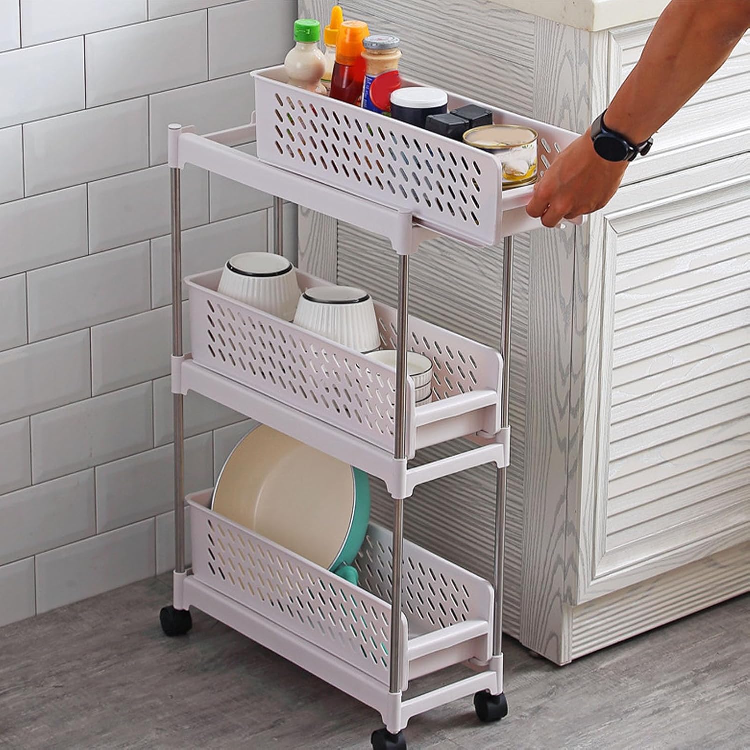 Rollbarer Aufbewahrungswagen Mit Verstellbarer Höhe Und Auszugsfunktion Für Küche, Bad Und Schlafzimmer Schlanker, Platzsparender Organizer