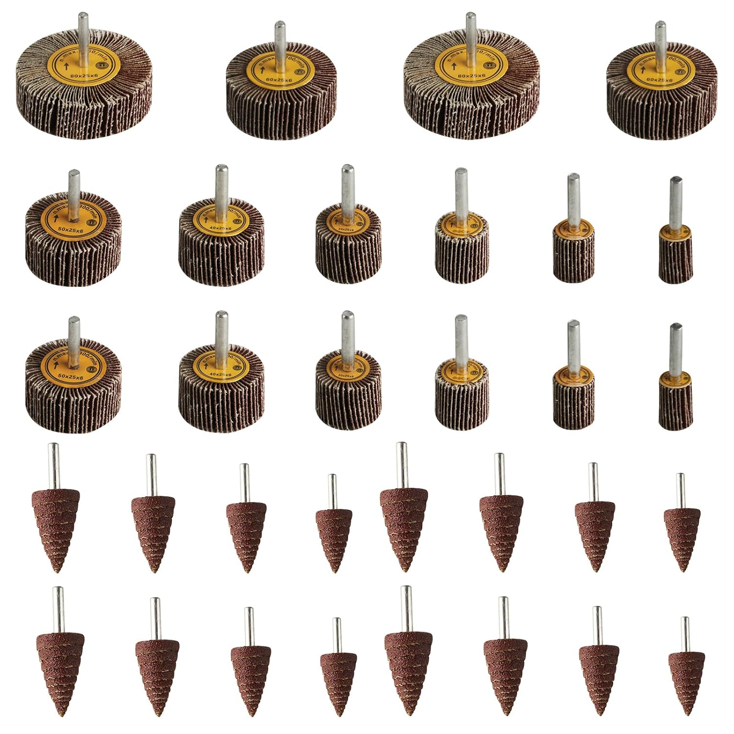 Set Mit 32 Lamellenschleifscheiben Für Lamellenbohrmaschinen, Körnung 80 - Für Akkuschrauber - Geradschleifer - Polierscheibe Zur Rostentfernung (8 Durchmesser/2 Ausführungen)