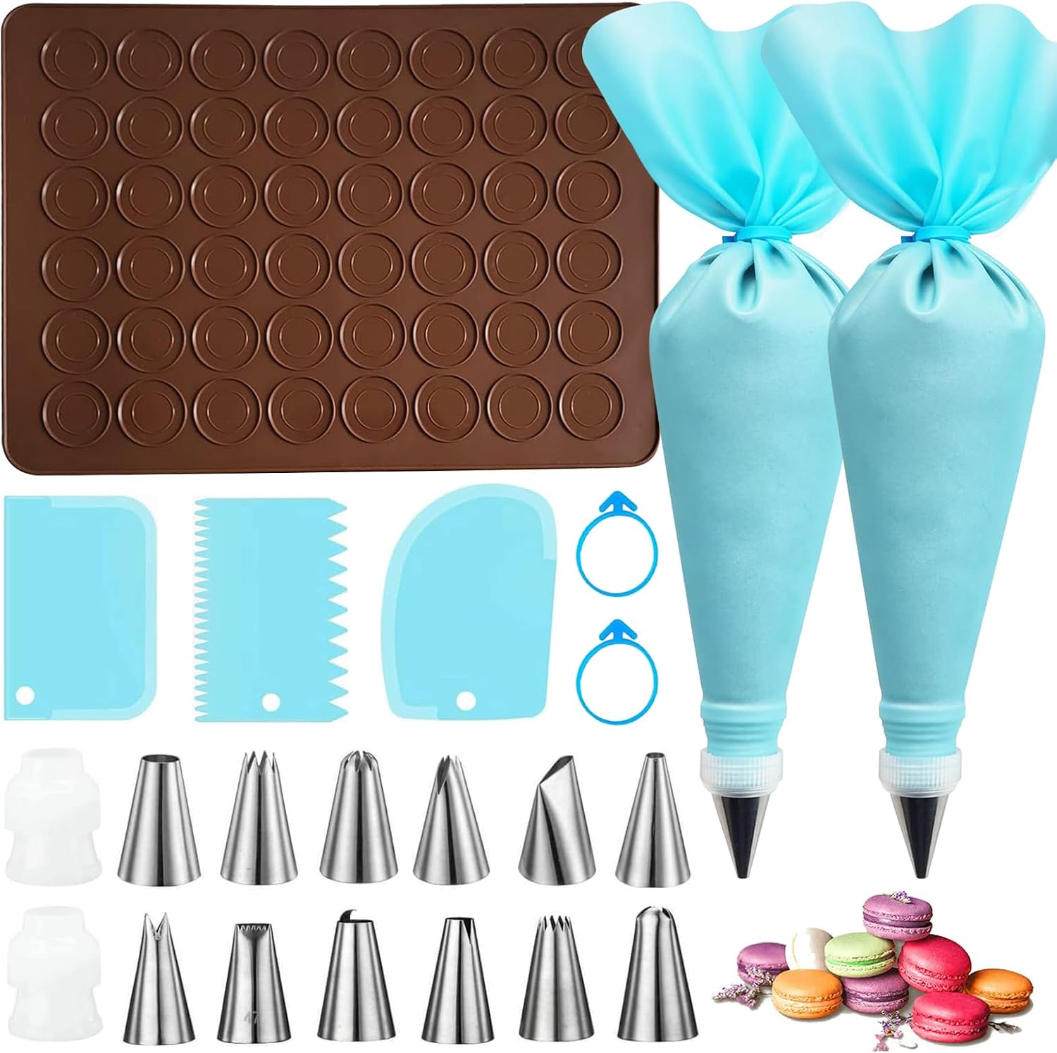 Macaron-backmatte Mit Spritzbeutel Und 12 Tüllen, 48 Mulden, Silikon-backmatte, Antihaft-backmatte Für Macarons, Schokolade, Kuchen Und Kekse, 39 X 29 Cm