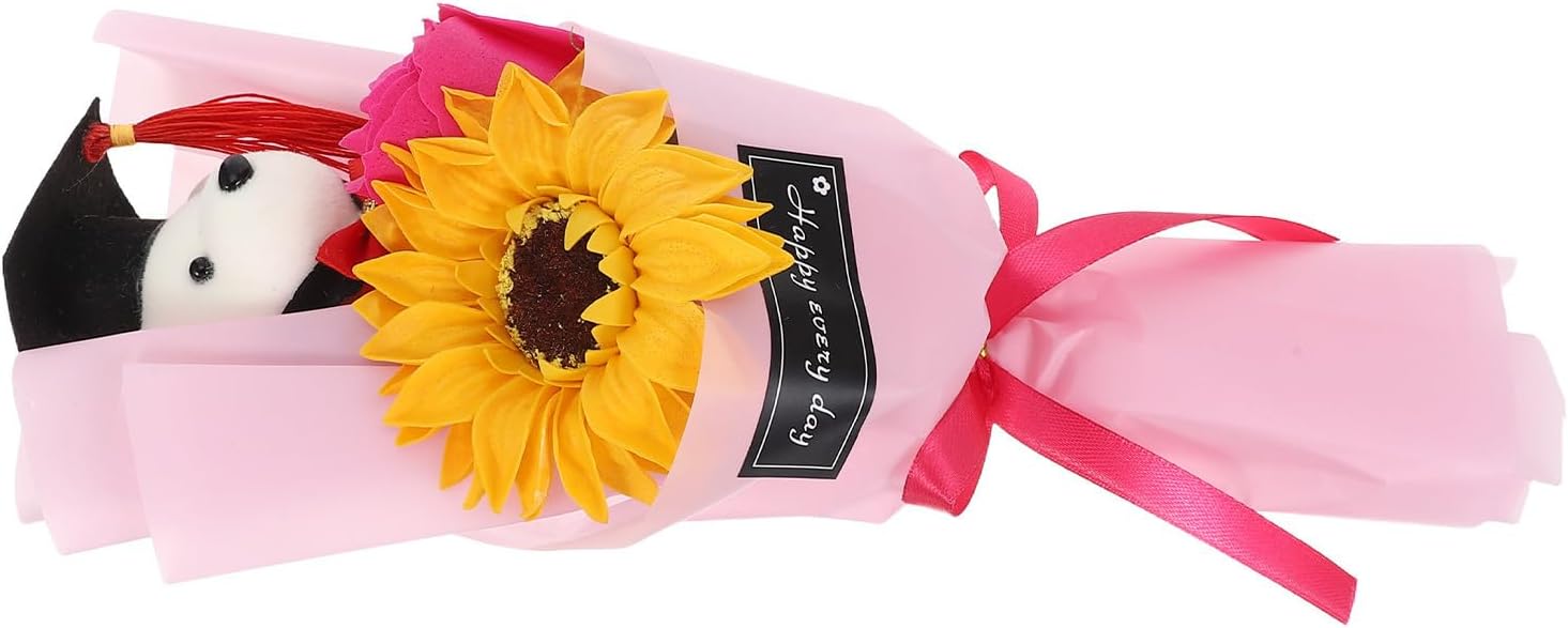 Abschlussblumenstrauß Mit Teddybär, Vielseitige Dekoration Für Die Abschlussfeier Mit Künstlichen Rosen Und Sonnenblumen