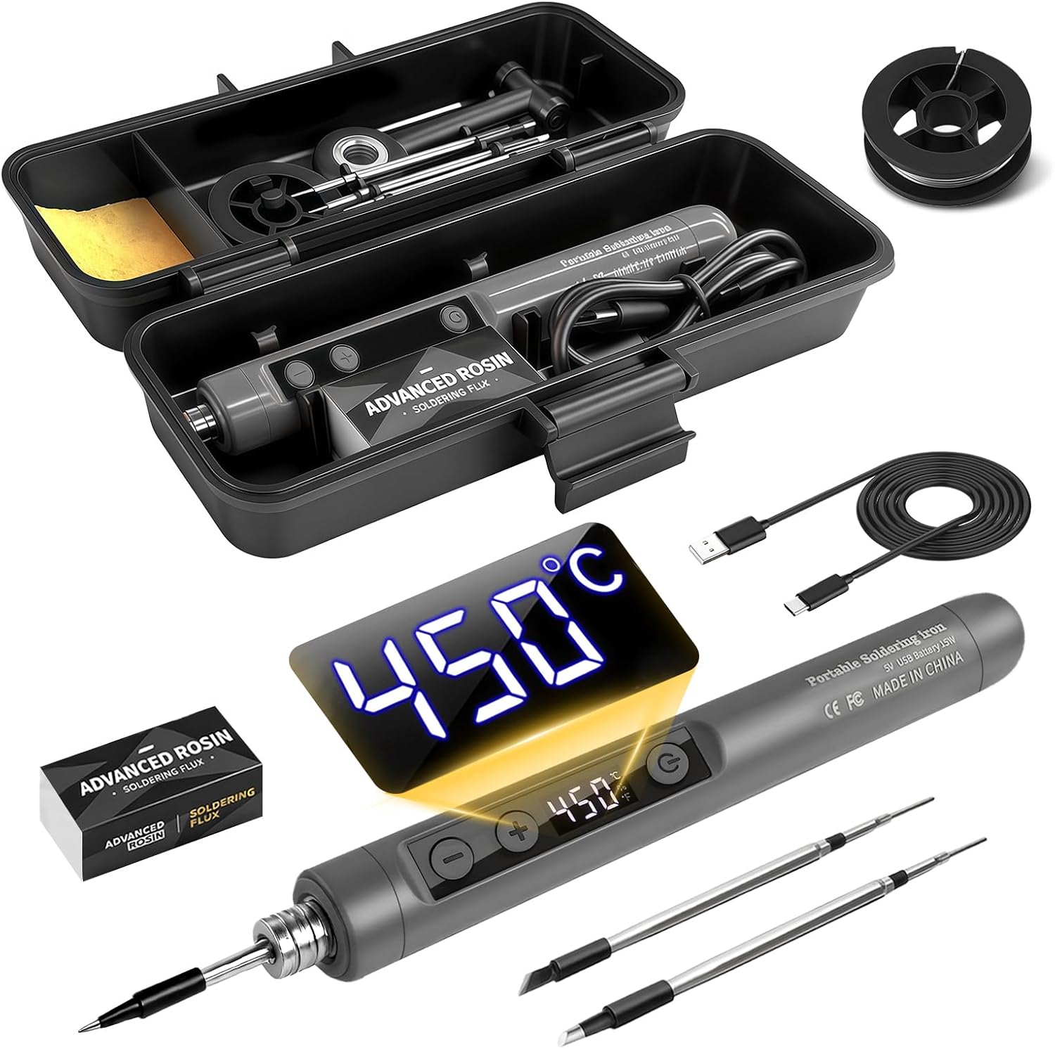 Tragbares Lötset, Kabelloses Lötset, 72 W, Einstellbare Temperatur 180–450 °c, 3 Austauschbare Lötspitzen, Usb-aufladbar, Lcd-display, Für Präzisionselektronik Und Heimwerkerprojekte