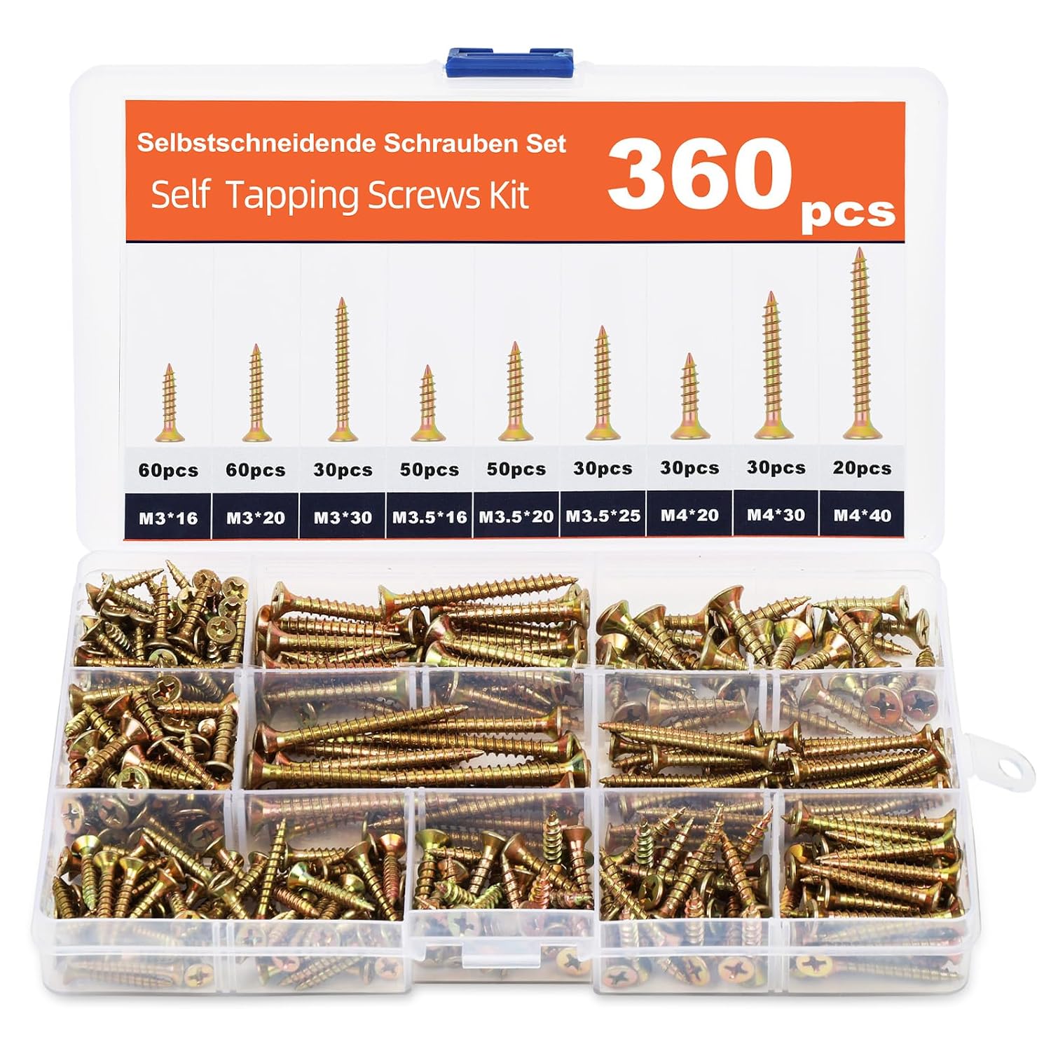 Selbstschneidende Holzschrauben, 360er-packung, Universal-senkkopf-holzschrauben, M3/m3,5/m4, 16 Mm–40 Mm, Mit Pp-aufbewahrungsbox, Für Fenster, Terrassen, Dächer, Zäune