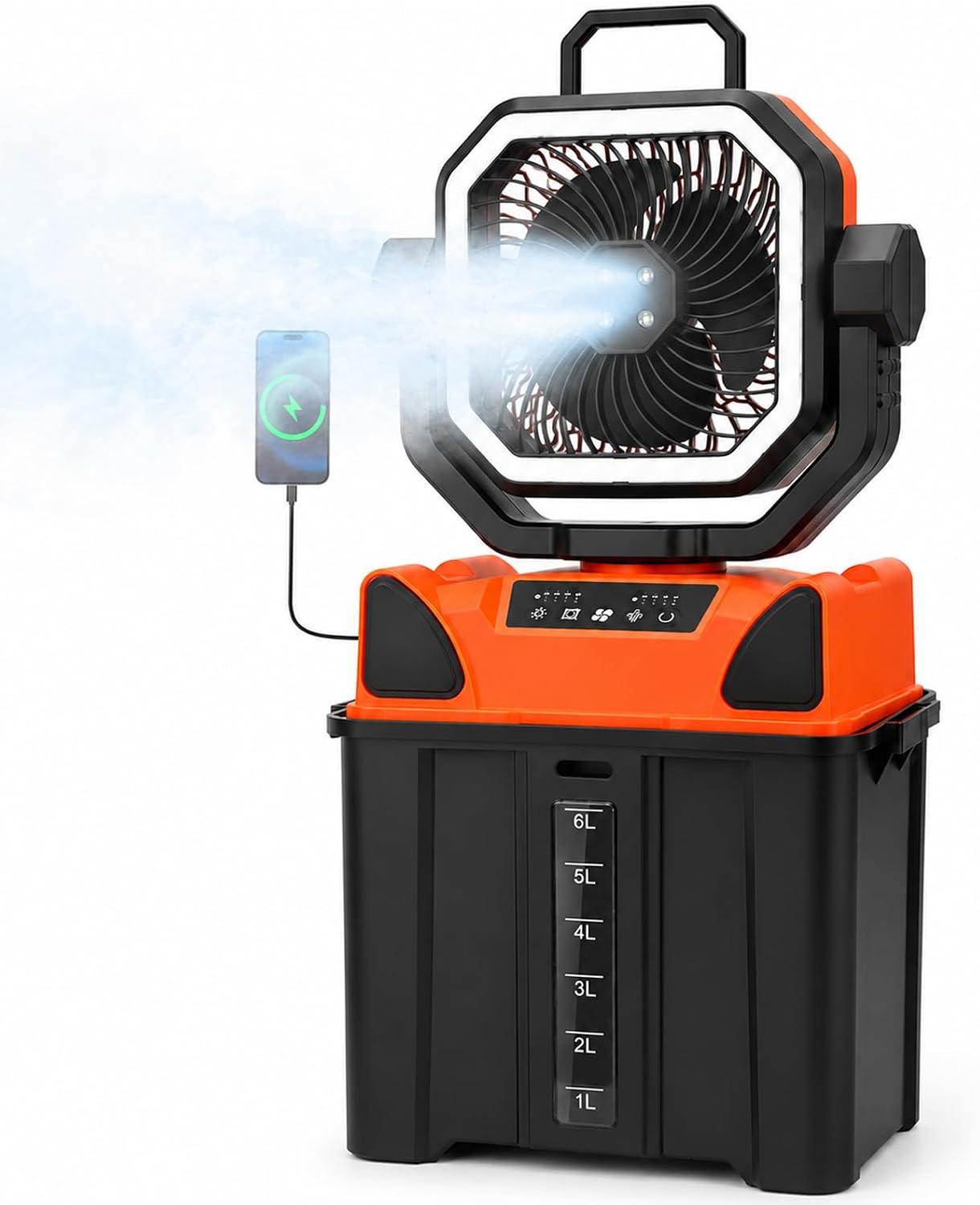 Wiederaufladbarer Campingventilator, Akkubetriebener Nebelventilator Mit 20.000 Mah Kapazität, 6-liter-eimer, Led-licht Und Fernbedienung, Kühlung