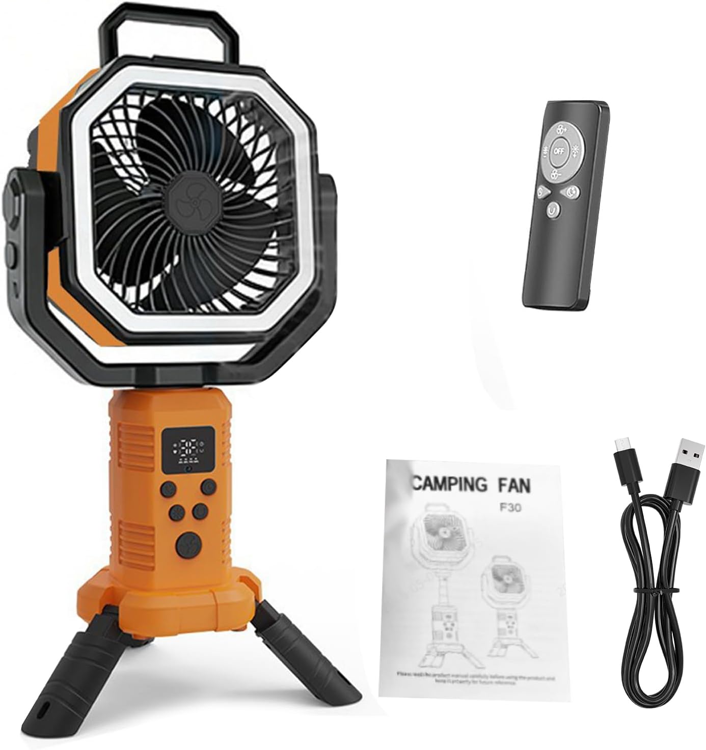 Tragbarer Campingventilator Für Zelte Wiederaufladbarer 20000-mah-akku, Fernbedienung, Oszillationsfunktion, Bürstenloser Motor, Led-laterne Für Autos Und Wanderer (orange)
