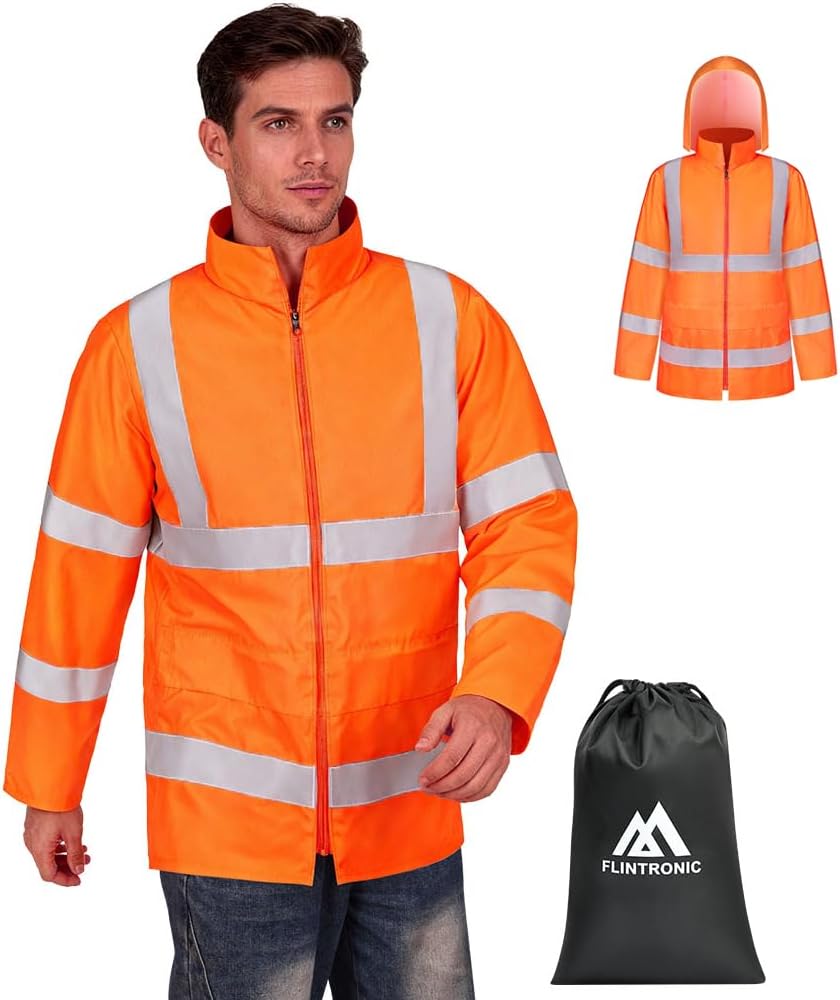 Herren-regenjacke Mit Hoher Sichtbarkeit, Wasserdichte Sicherheitsjacke Mit Reflektoren, Leicht Und Wasserdicht, Orange, Größe L