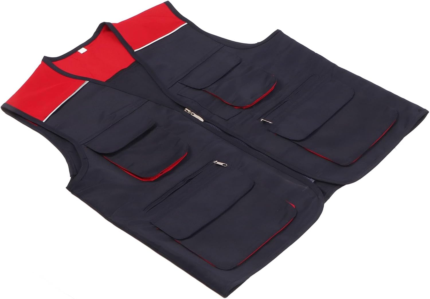 Arbeitsweste Für Herren, Rot Und Marineblau, Gut Sichtbar Mit Frontreißverschluss, Mehreren Taschen, Baumwollmischung, Für Fotografie, Angeln Und Bauarbeiten
