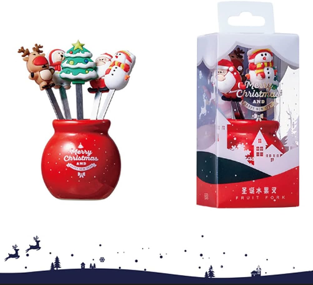 5-teiliges Edelstahl-weihnachts-obstgabeln-set Mit Silikonkappe, Dessert- Und Salatgabeln Mit Rotem Becherhalter Für Kinderparty-snacks