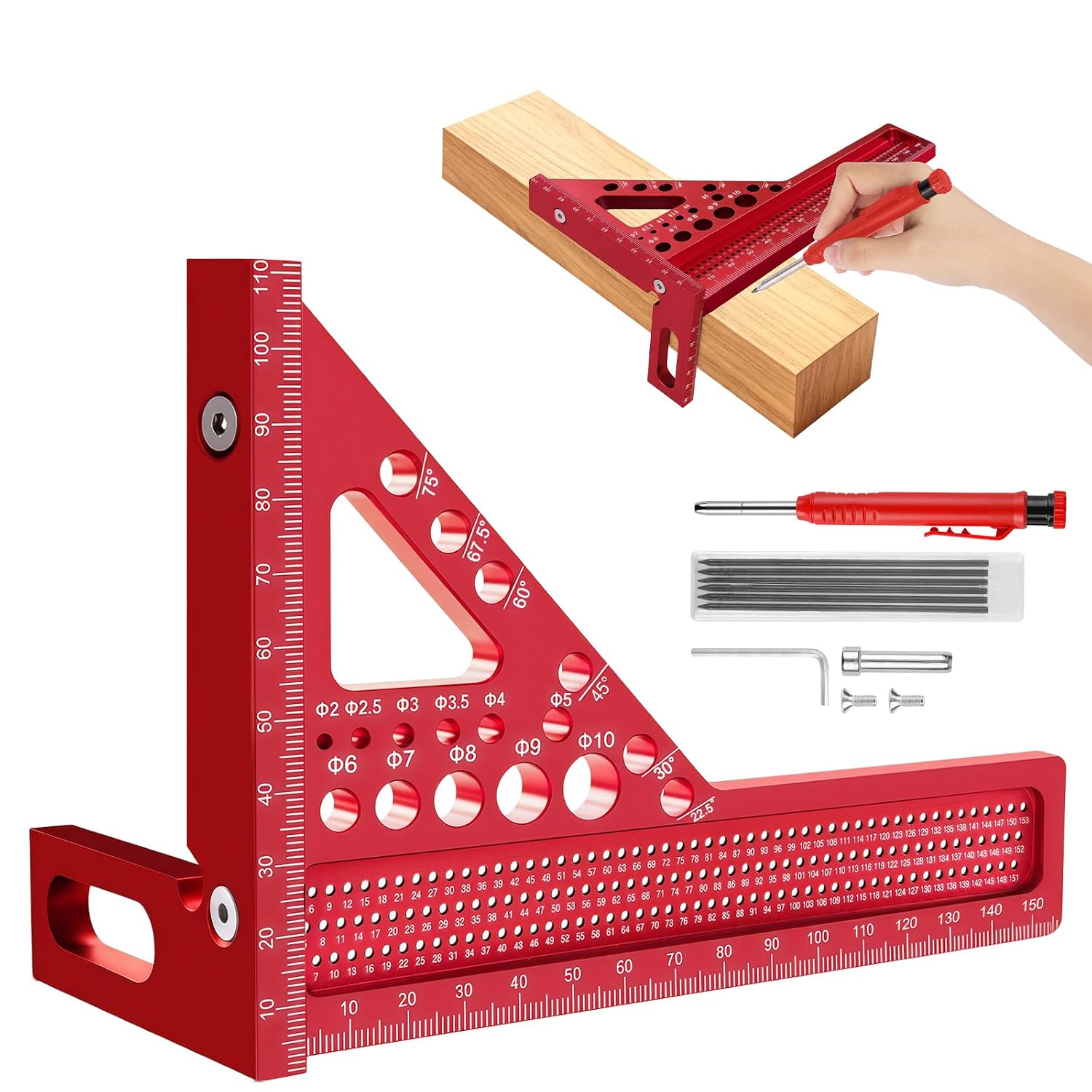 3d-zimmermannswinkel Mit Bleistift, Multifunktionales Winkelmessgerät, 22,5–90°-winkelmesser Aus Aluminiumlegierung Mit Positionierhilfe, Für Zimmerleute Und Ingenieure