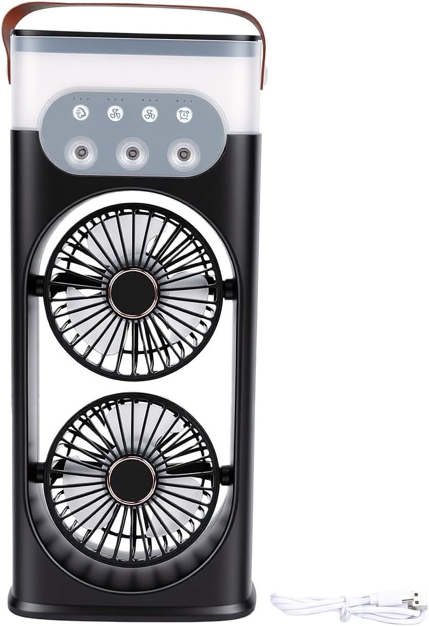Leiser Ventilator, Oszillierender Doppelkopfventilator Mit 3 Geschwindigkeitsstufen, 3 Nebelstufen, Timer-funktion, Nachtlicht, 400-ml-wassertank, 120°-windrichtung (schwarz)