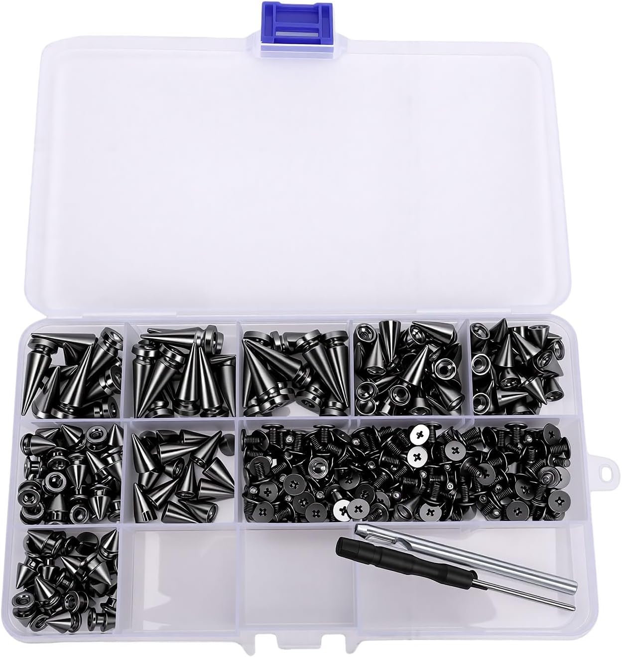 Set Mit 180 Stück Langen, Pyramidenförmigen Fingernägeln Im Punk-stil Aus Metall In Silber Und Schwarz