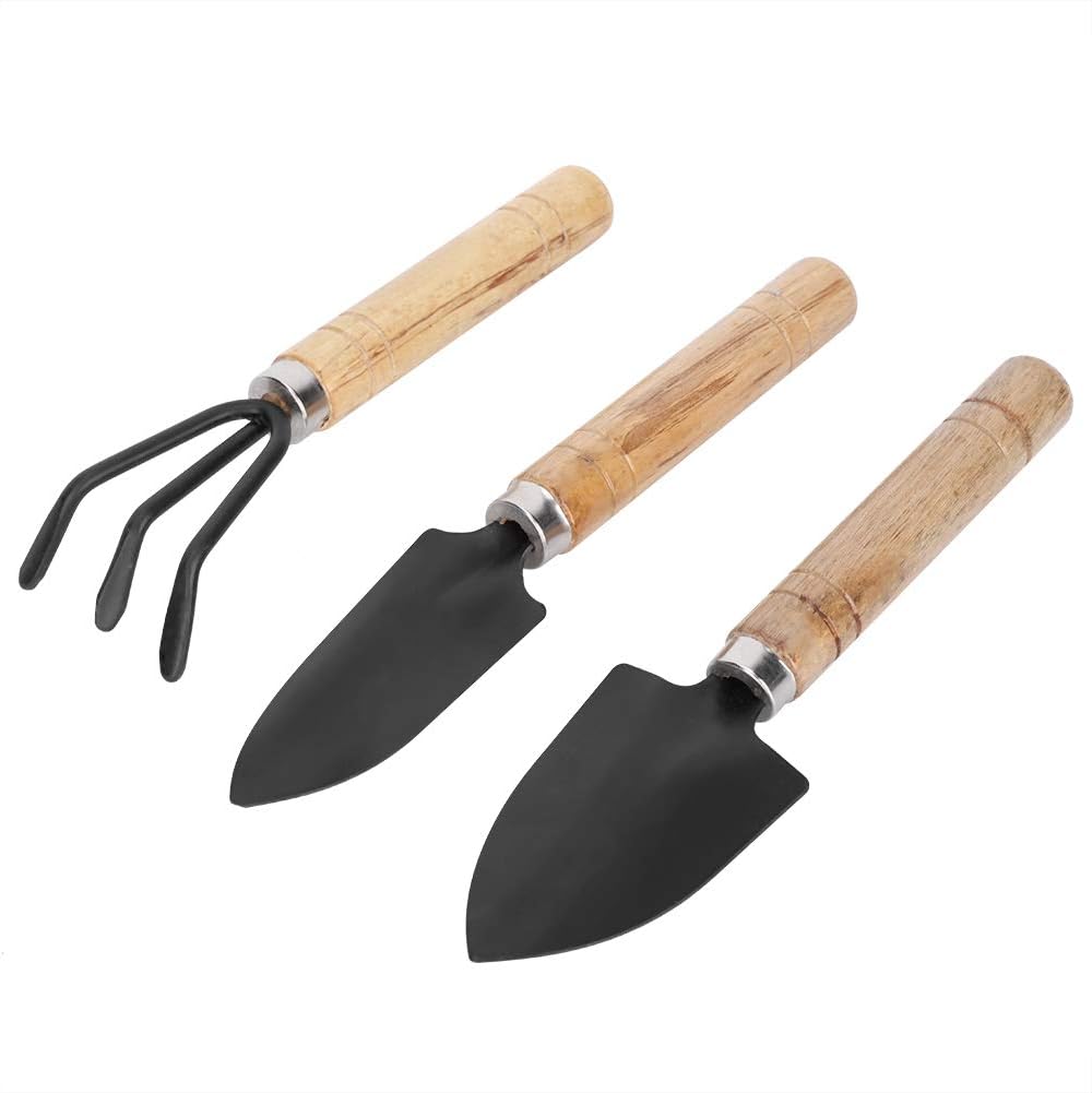 Set Aus Mini-gartengeräten Aus Metall, Schaufel Und Rechen Mit Echten Metallköpfen Für Die Pflanzenpflege Und Das Eintopfen (3-teilig)
