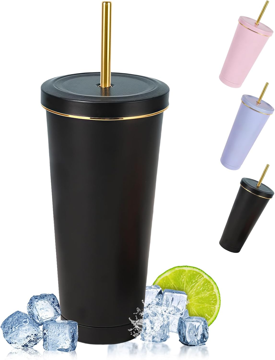 750-ml-reisebecher, Doppelwandiger, Vakuumisolierter Edelstahlbecher, Isolierte Wasserflasche, Kaffeebecher, Doppelwandiger Becher Mit Strohhalm, Bürste Und Deckel