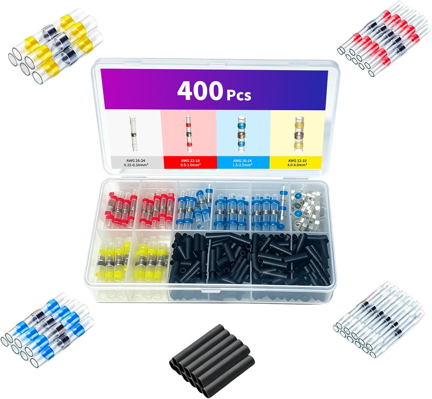 400 Stück Schrumpfschlauch-stoßverbinder, 4 Größen (26–10 Awg 0,25–6,0 Mm²), Wasserdichtes Kabelverbinder-set, Für Die Automobil-, Schiffs- Und Elektronikindustrie