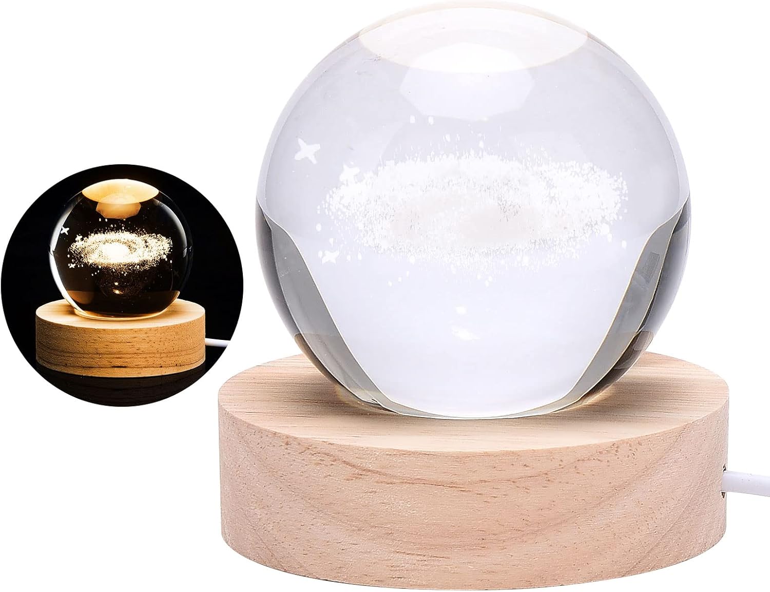 3d-kugel, Glitzerkugel, Warmweiße Led-lampe, Usb-aufladbar, Holzsockel Fürs Schlafzimmer (1)