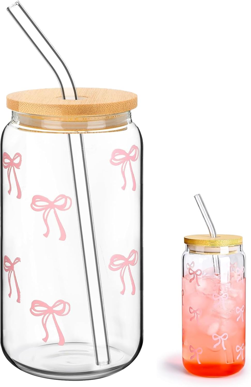 Glasbecher Mit Deckel Und Strohhalm, Rosa Schleifendesign, 500 Ml Bubble Tea Becher, Trendig Und Elegant, Wiederverwendbarer Glasbecher, Für Eiskaffee, Cocktails Und Limonade