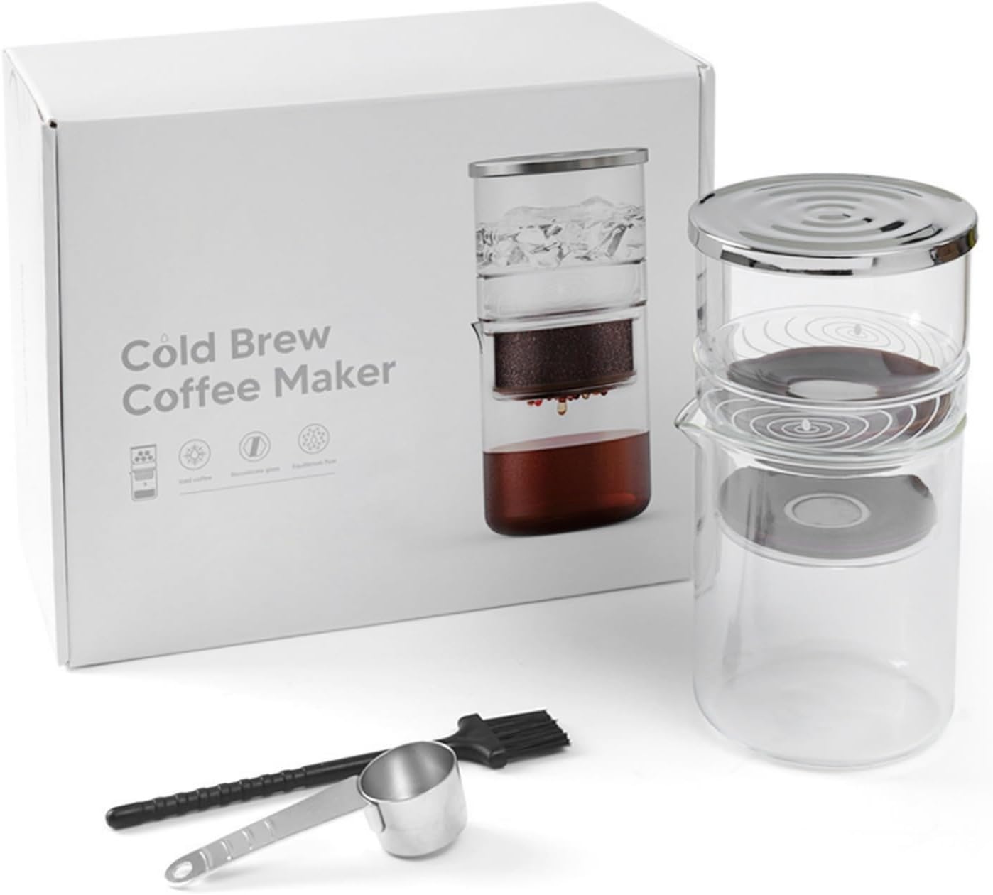 Komplettes Set Mit Kaltbrüh-kaffeemaschine, Eiskaffee-filter, Glaskanne, Schöpfkelle, Reinigungsbürste Und Edelstahldeckel