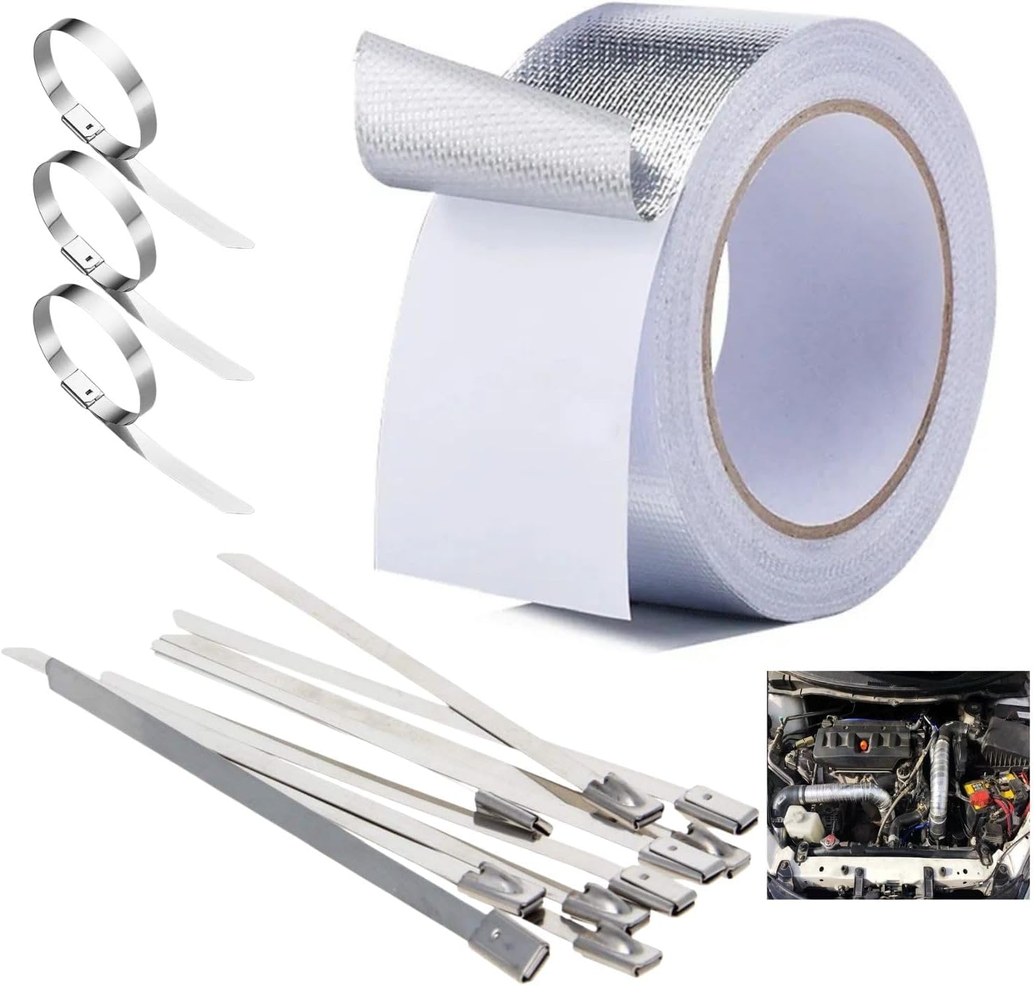 Hitzeschutzband Für Auspuffrohre, 20 M X 5 Cm, Auspuffrohr-dichtungsband, Selbstklebendes Hitzeschutzband Mit 20 Schlauchschellen, Reparaturset