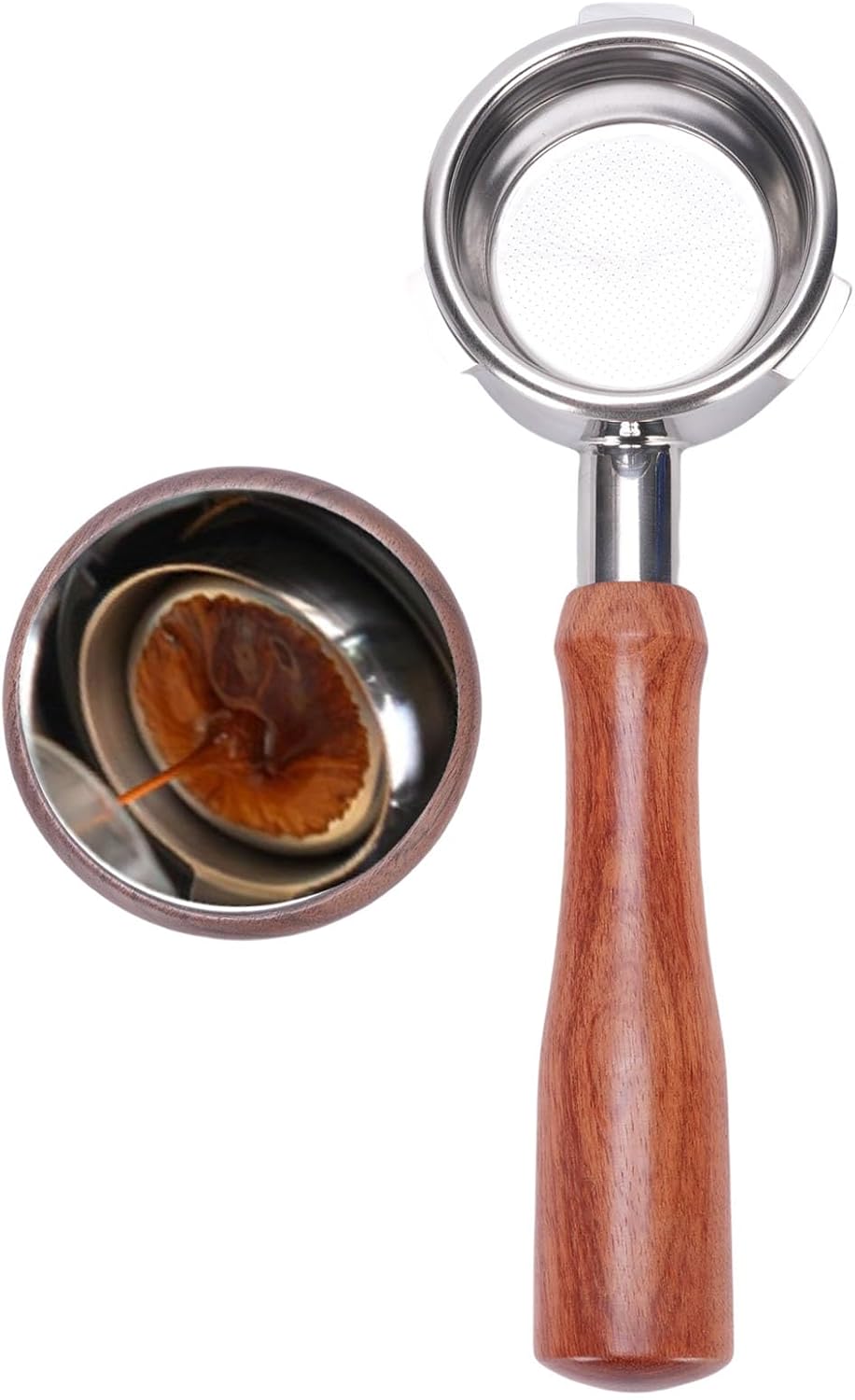 58-mm-filterhalter Ohne Boden, 3-ohriger Holzgriff, Universeller Edelstahl-filterhalter Mit Zwei Herausnehmbaren Pulverkörben, Ideal Für Kaffeemaschinen